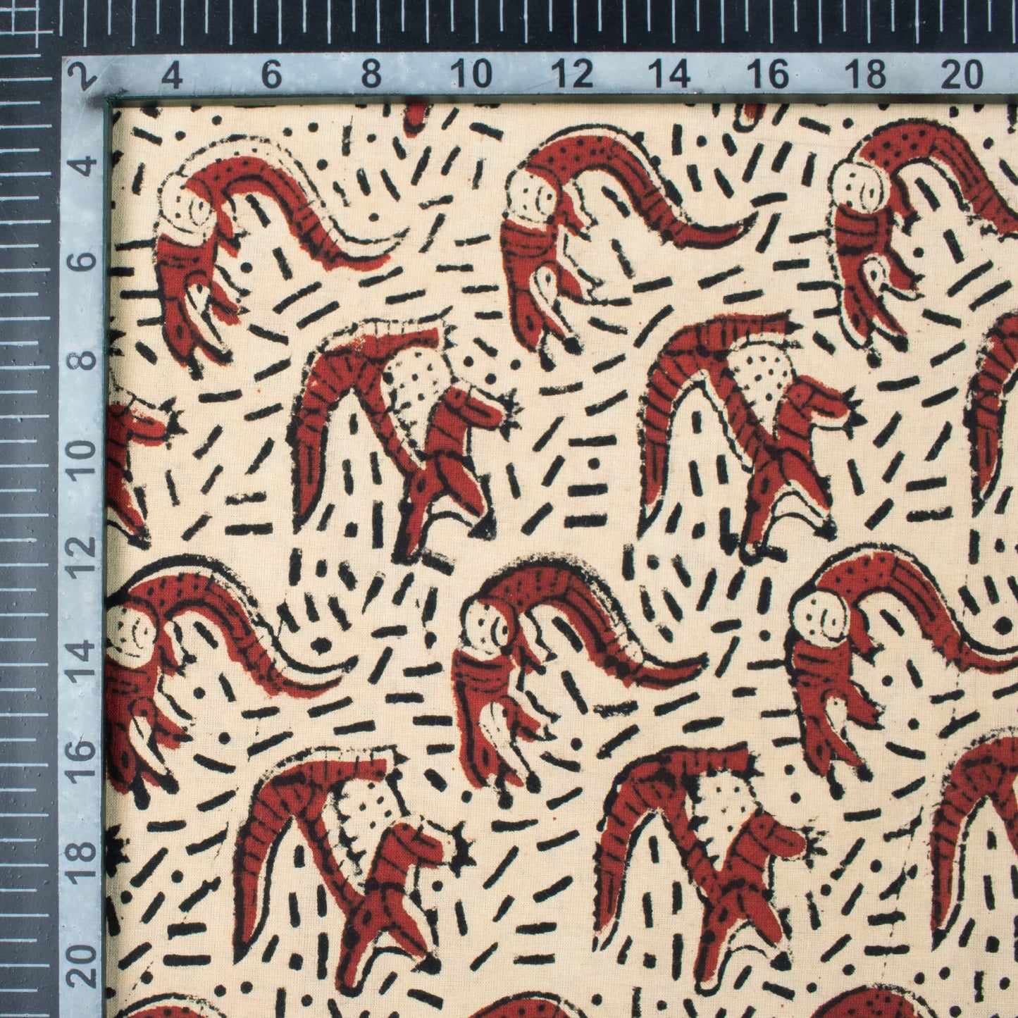 Beige And Brick Red Animal Pattern Bagru Dabu Handblock Cotton Fabric