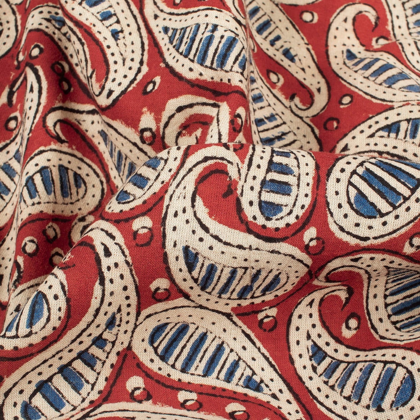 Brick Red And Blue Paisley Pattern Bagru Dabu Handblock Cotton Fabric