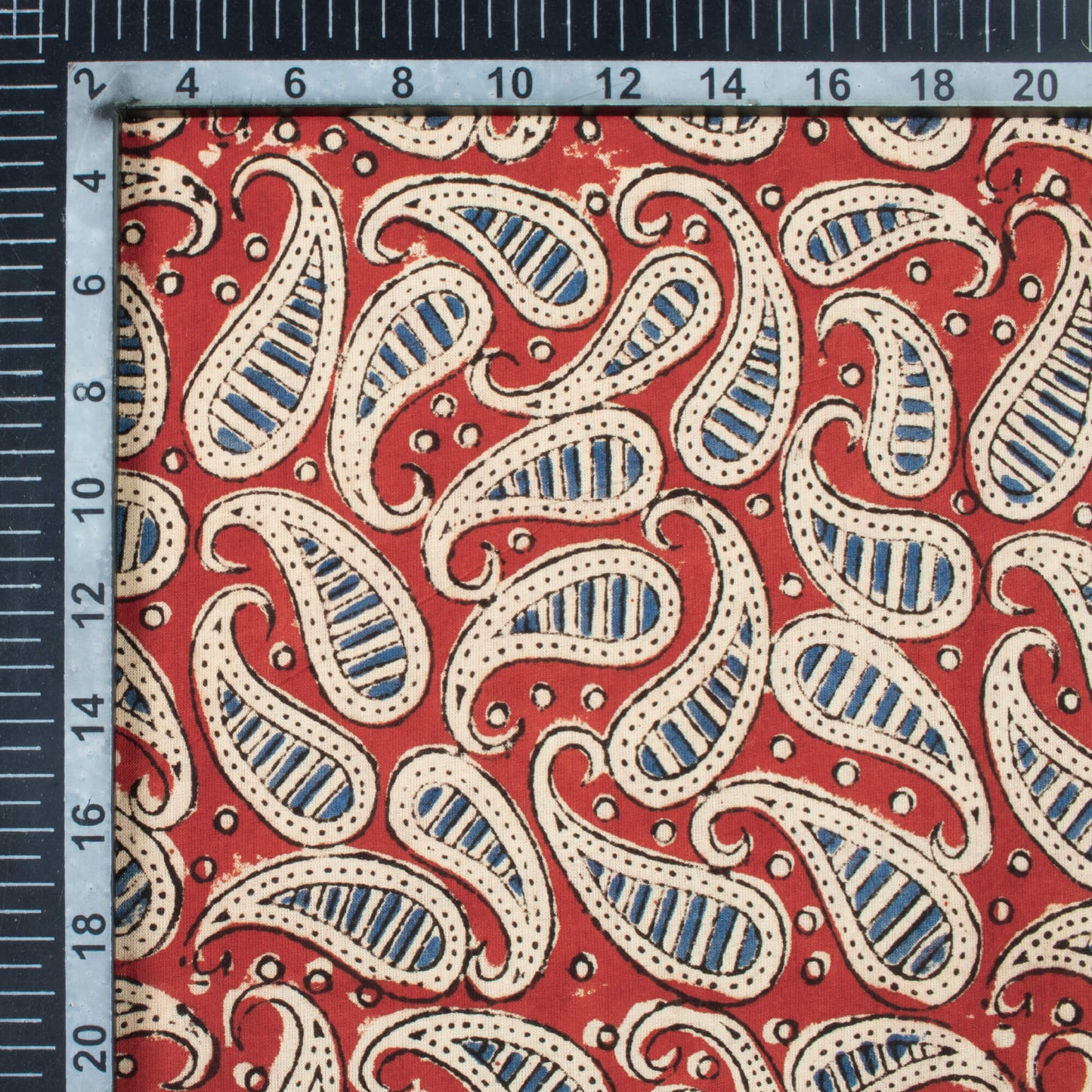 Brick Red And Blue Paisley Pattern Bagru Dabu Handblock Cotton Fabric