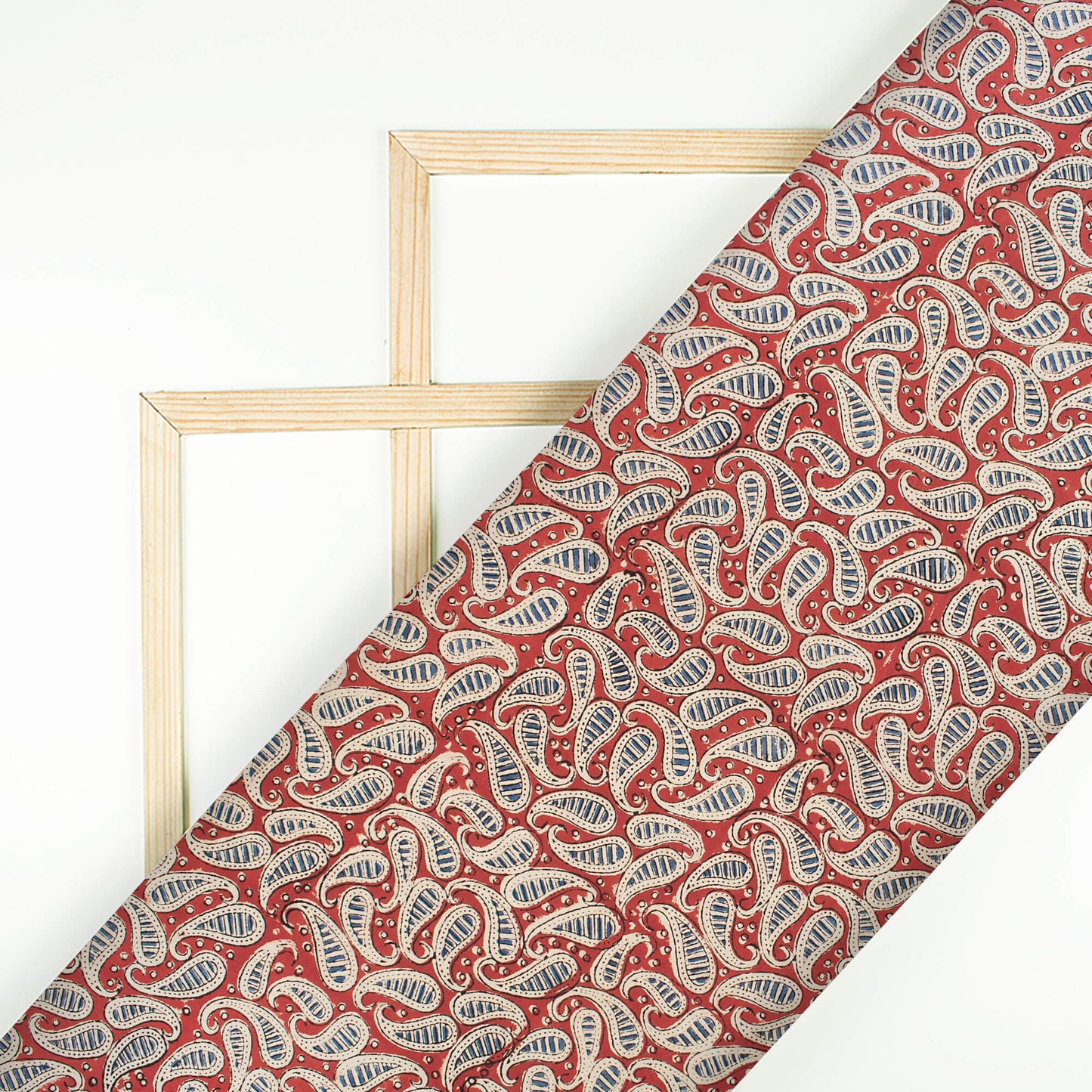 Brick Red And Blue Paisley Pattern Bagru Dabu Handblock Cotton Fabric