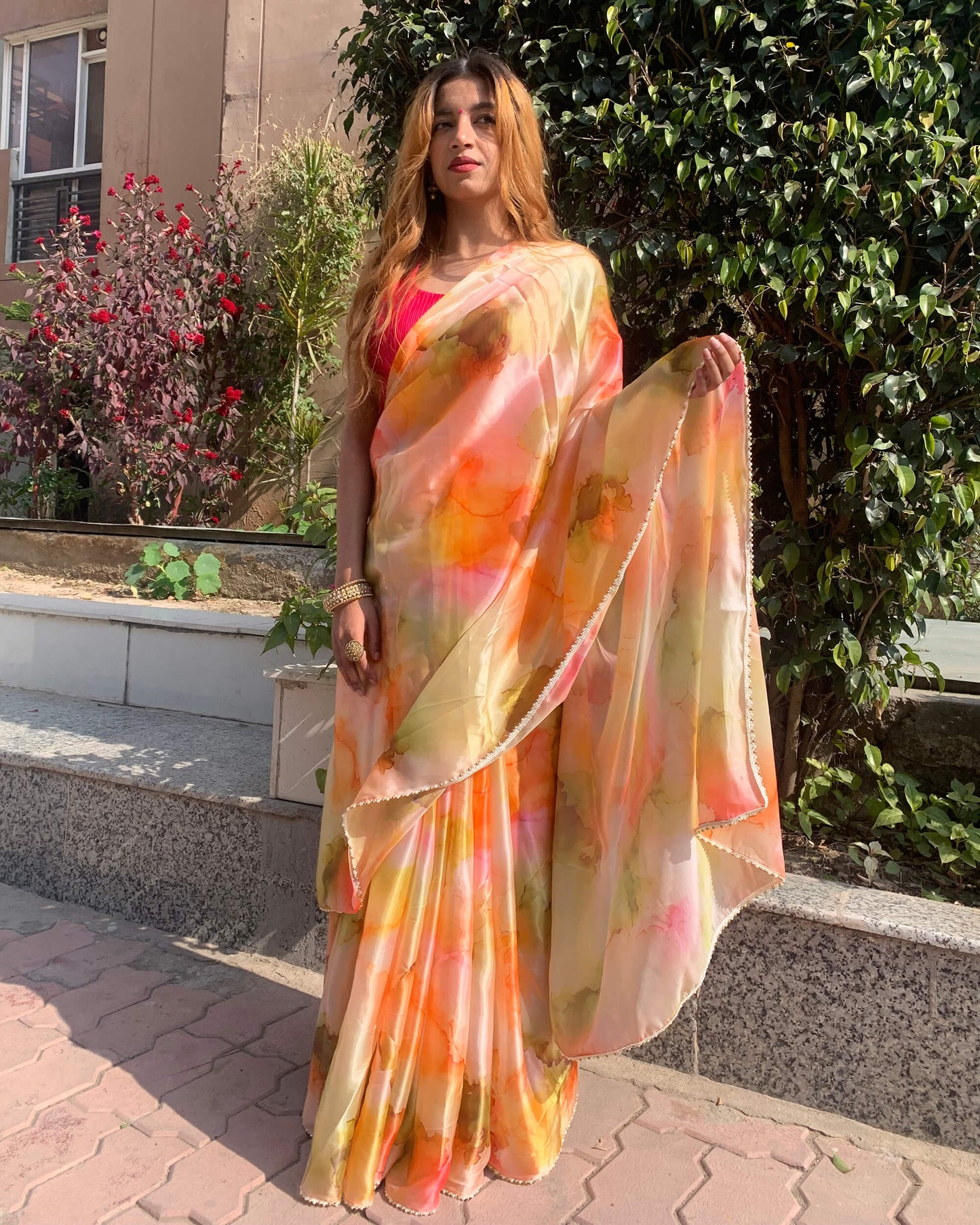 Orange And Moss Green Marble Pattern Liquid Organza Saree With Pearl Work Lace