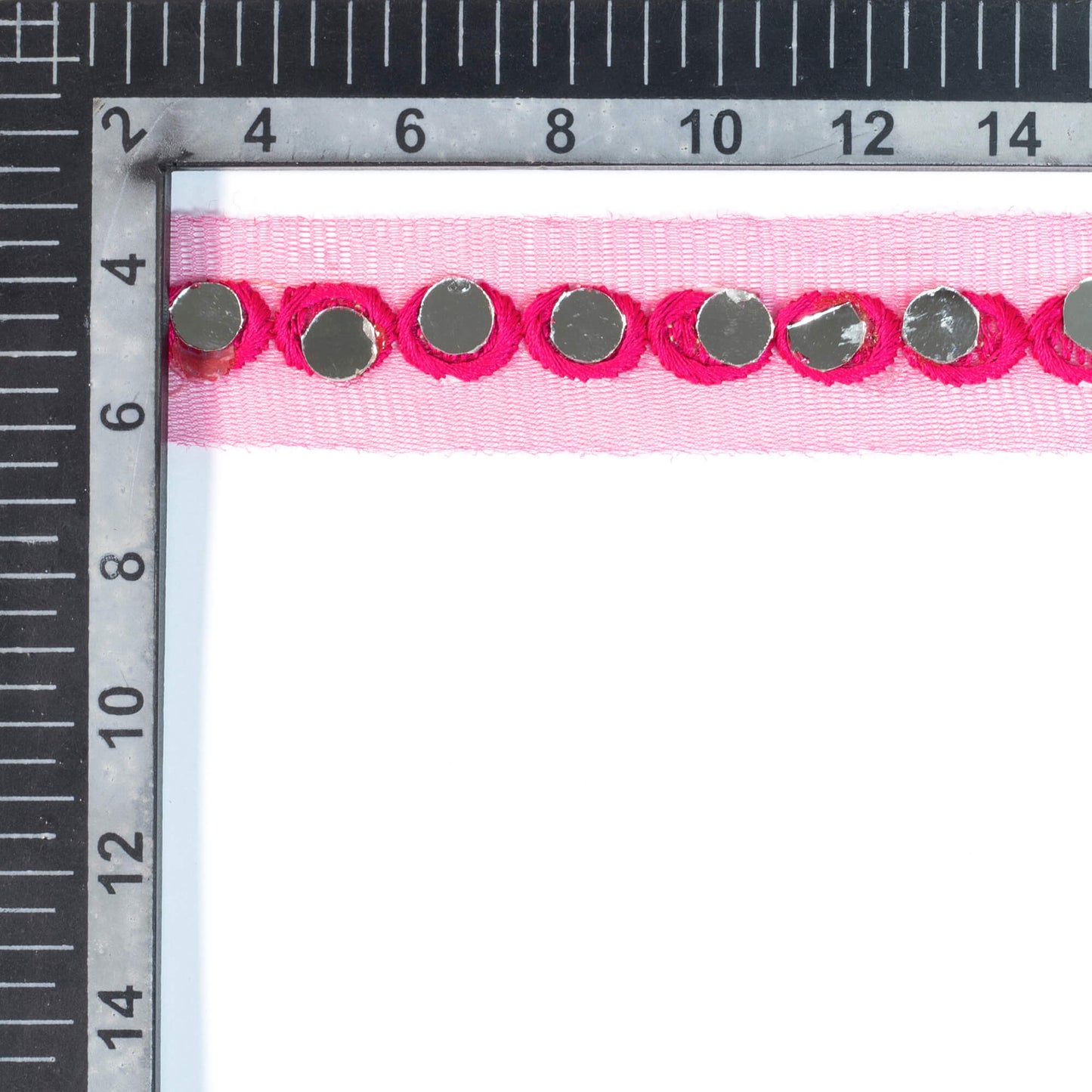 Hot Pink Booti Pattern Embroidery With Mirror Work Net Lace (9 Mtr)