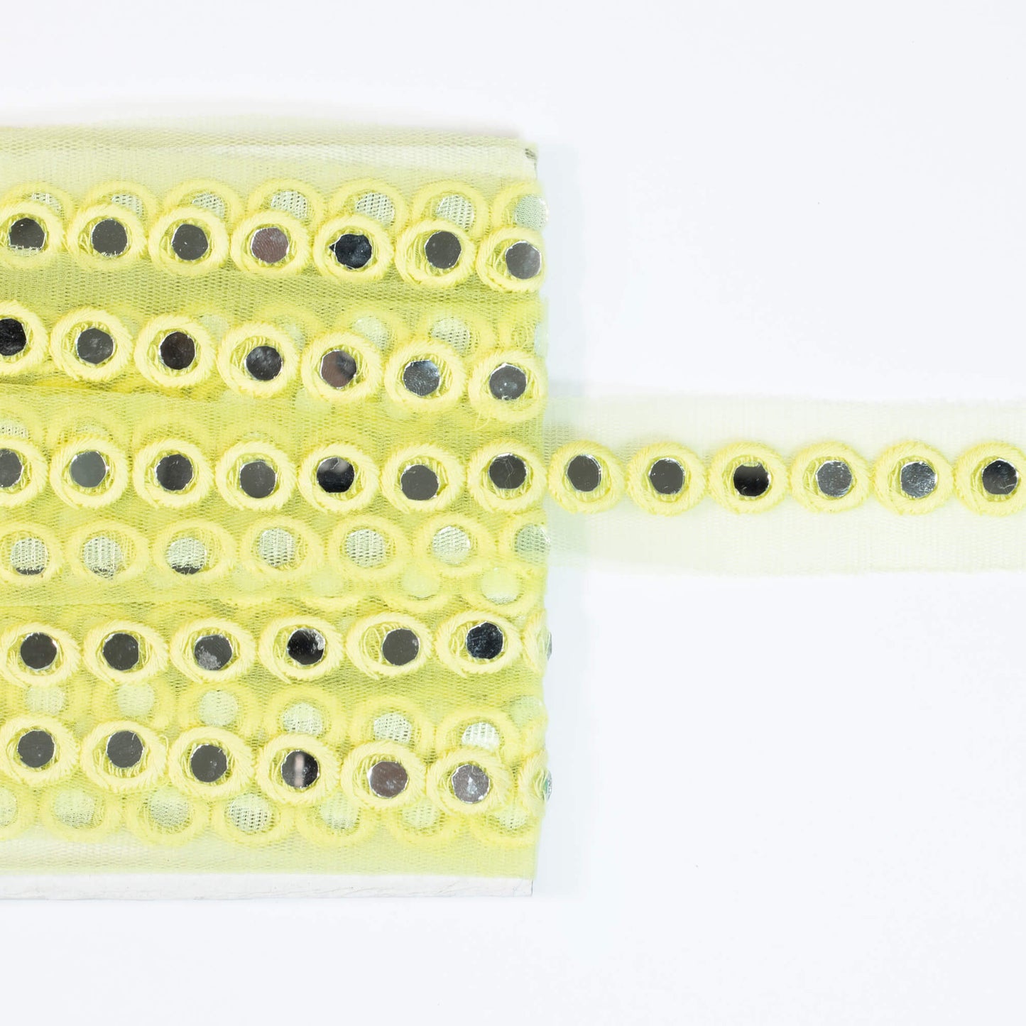 Lemon Yellow Booti Pattern Embroidery With Mirror Work Net Lace (9 Mtr)