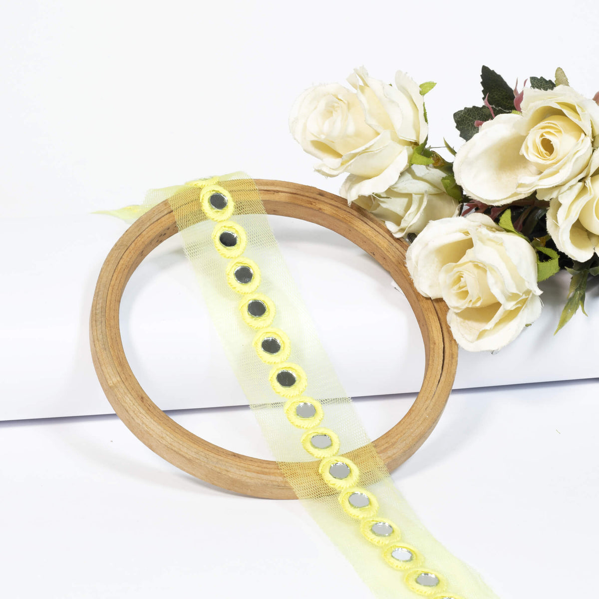 Lemon Yellow Booti Pattern Embroidery With Mirror Work Net Lace (9 Mtr)