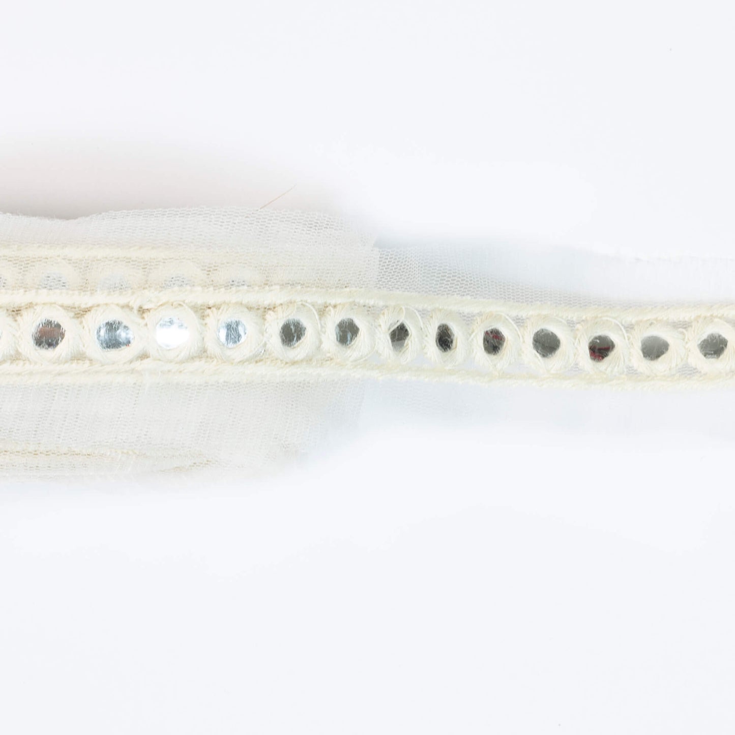 White Booti Pattern Embroidery With Foil Mirror Work Net Lace (9 Mtr)