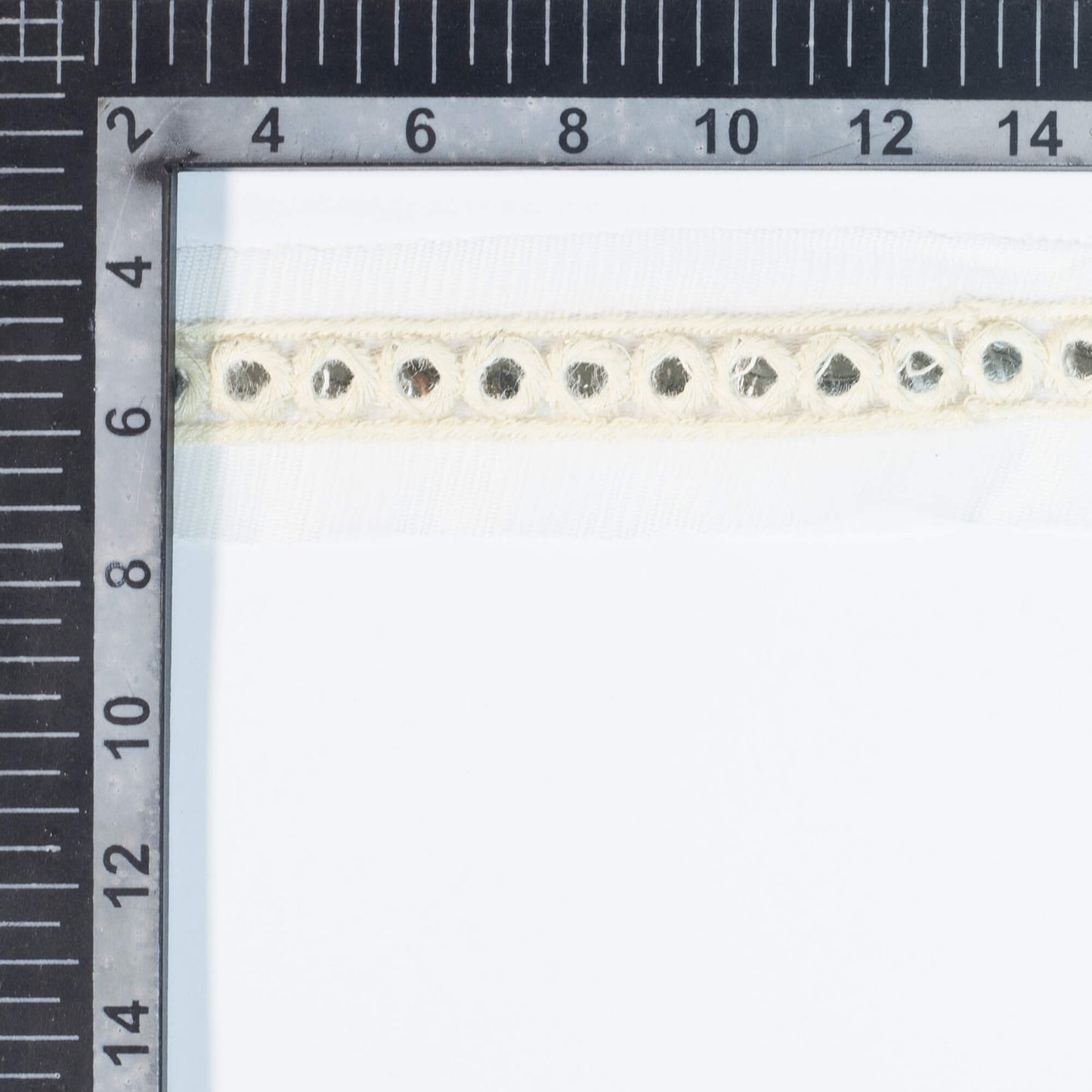 White Booti Pattern Embroidery With Foil Mirror Work Net Lace (9 Mtr)