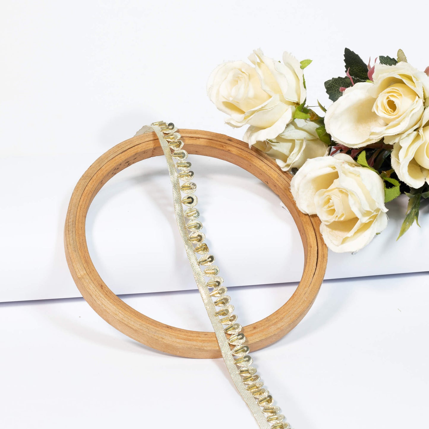 Golden Zari Cut Work With Sequins Tubular Beads Tussar Silk Lace (9 Mtr)