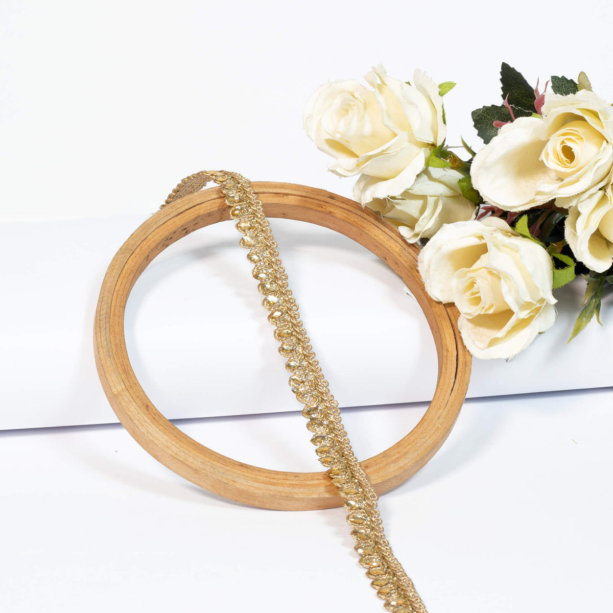 Golden Traditional Pattern Zari With Stone Cut Work Tussar Silk Lace (9 Mtr)