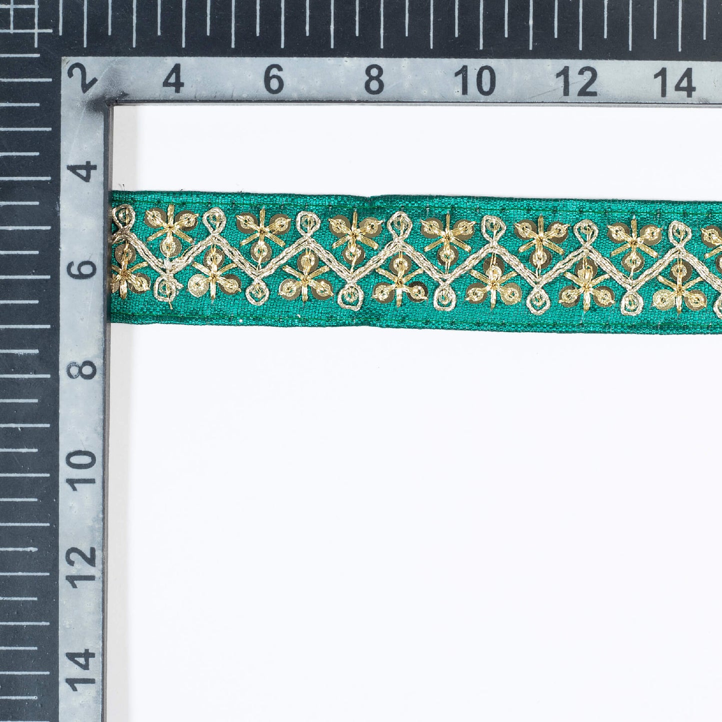 Pine Green Chevron Pattern Zari Sequins Embroidery Tusser Silk Lace (9 Mtr)