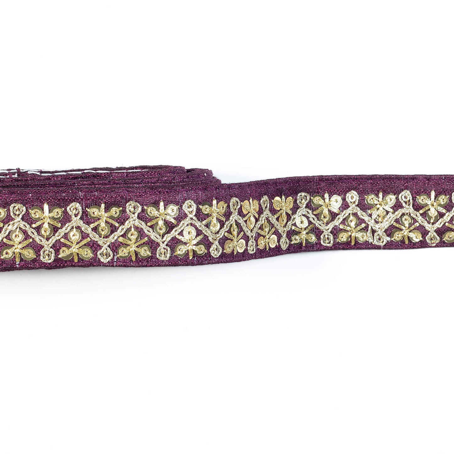 Raisin Purple Chevron Pattern Zari Sequins Embroidery Tusser Silk Lace (9 Mtr)