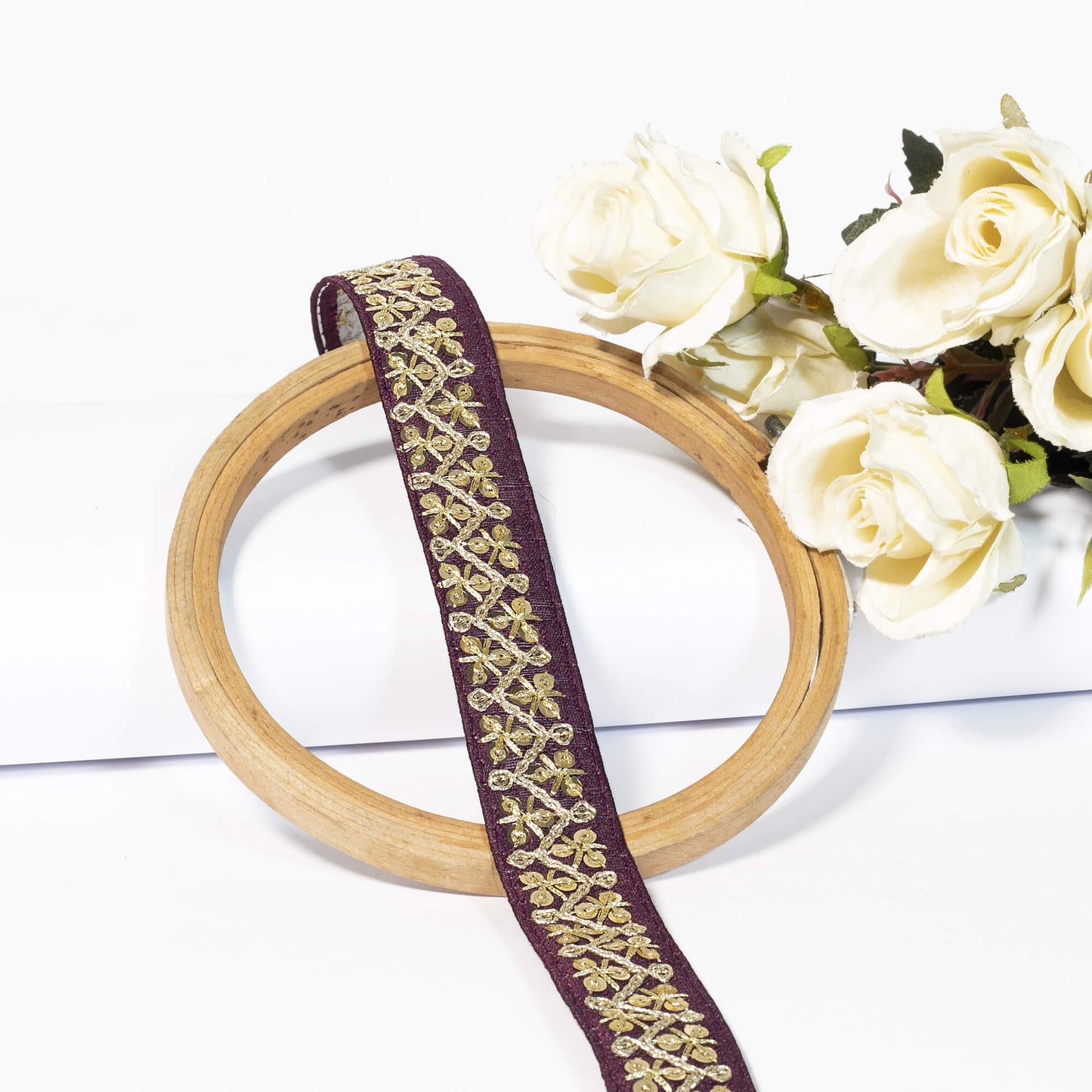 Raisin Purple Chevron Pattern Zari Sequins Embroidery Tusser Silk Lace (9 Mtr)