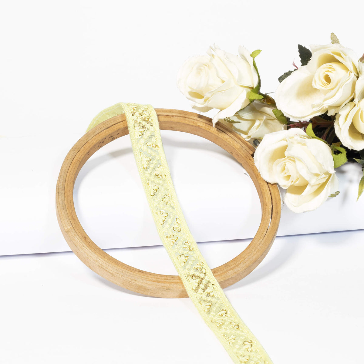 Pastel Yellow Chevron Pattern Sequins Embroidery Net Lace (9 Mtr)