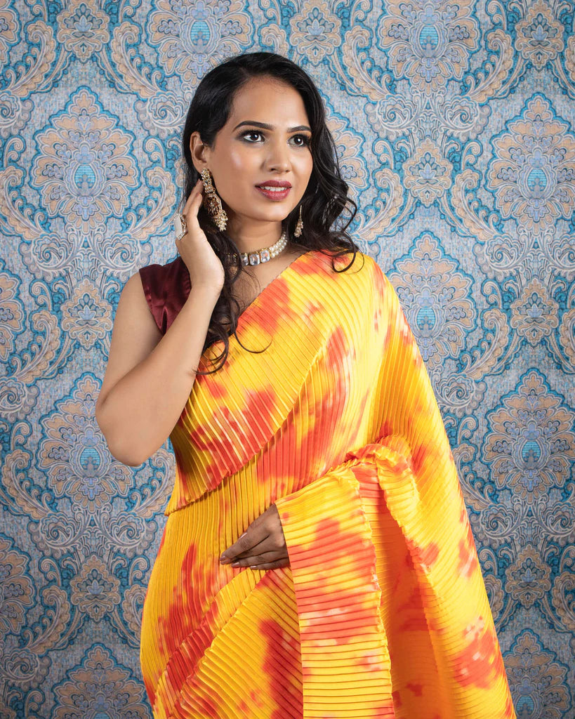 Yellow Plain Half Digital Print Pleated Japan Satin Saree