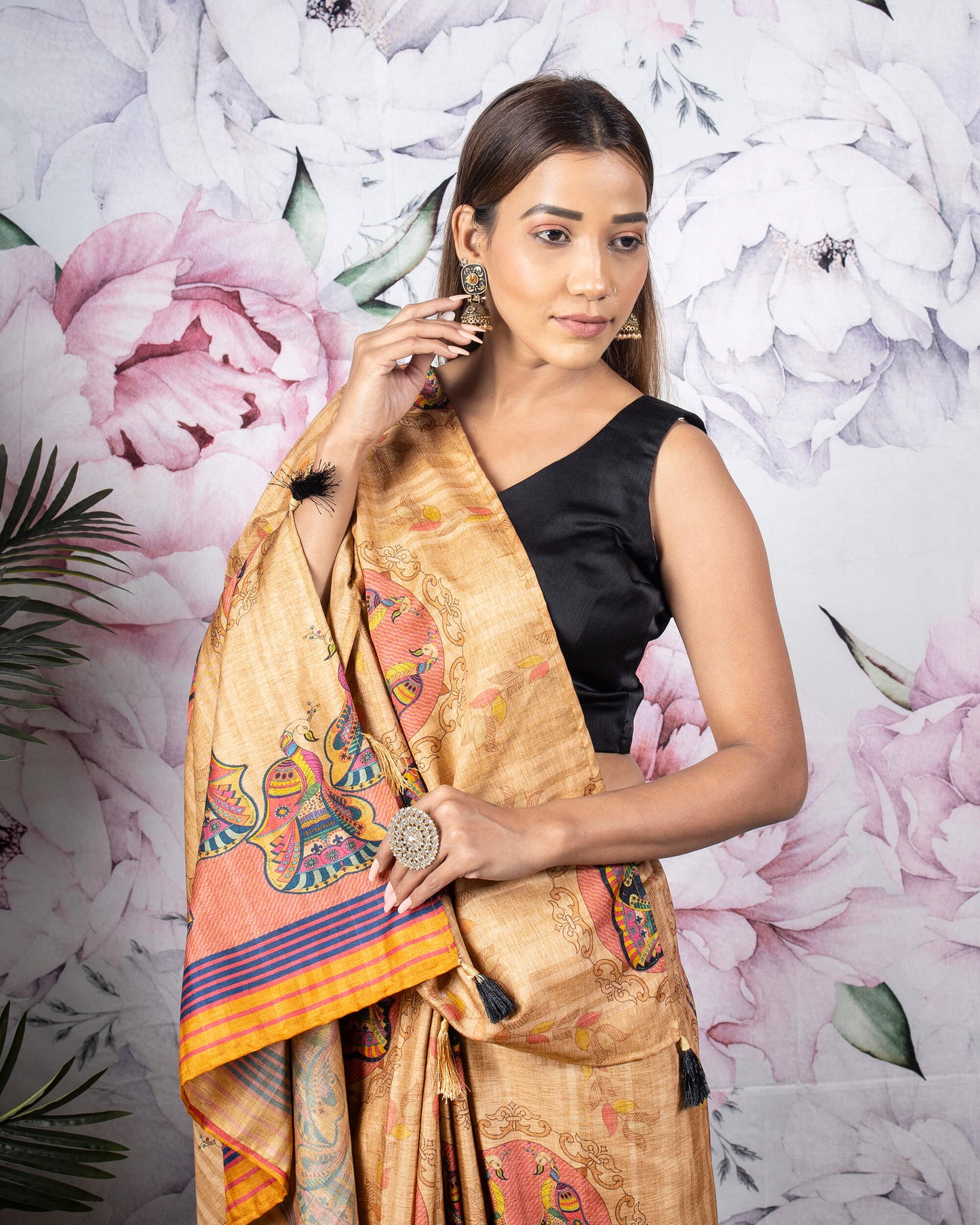 Beige And Brick Pink Madhuvanii Pattern Digital Print Art Tussar Silk Saree With Tassels