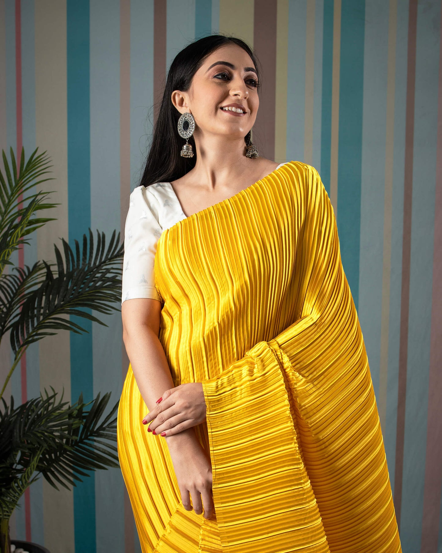 Mustard Yellow Plain Half Pleated Japan Satin Saree
