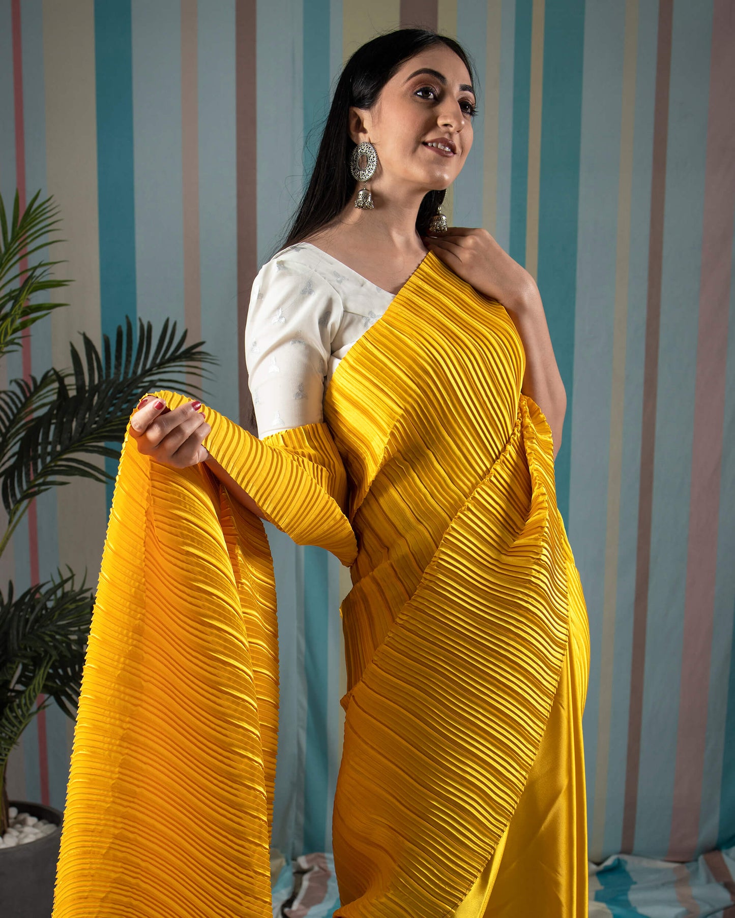 Mustard Yellow Plain Half Pleated Japan Satin Saree