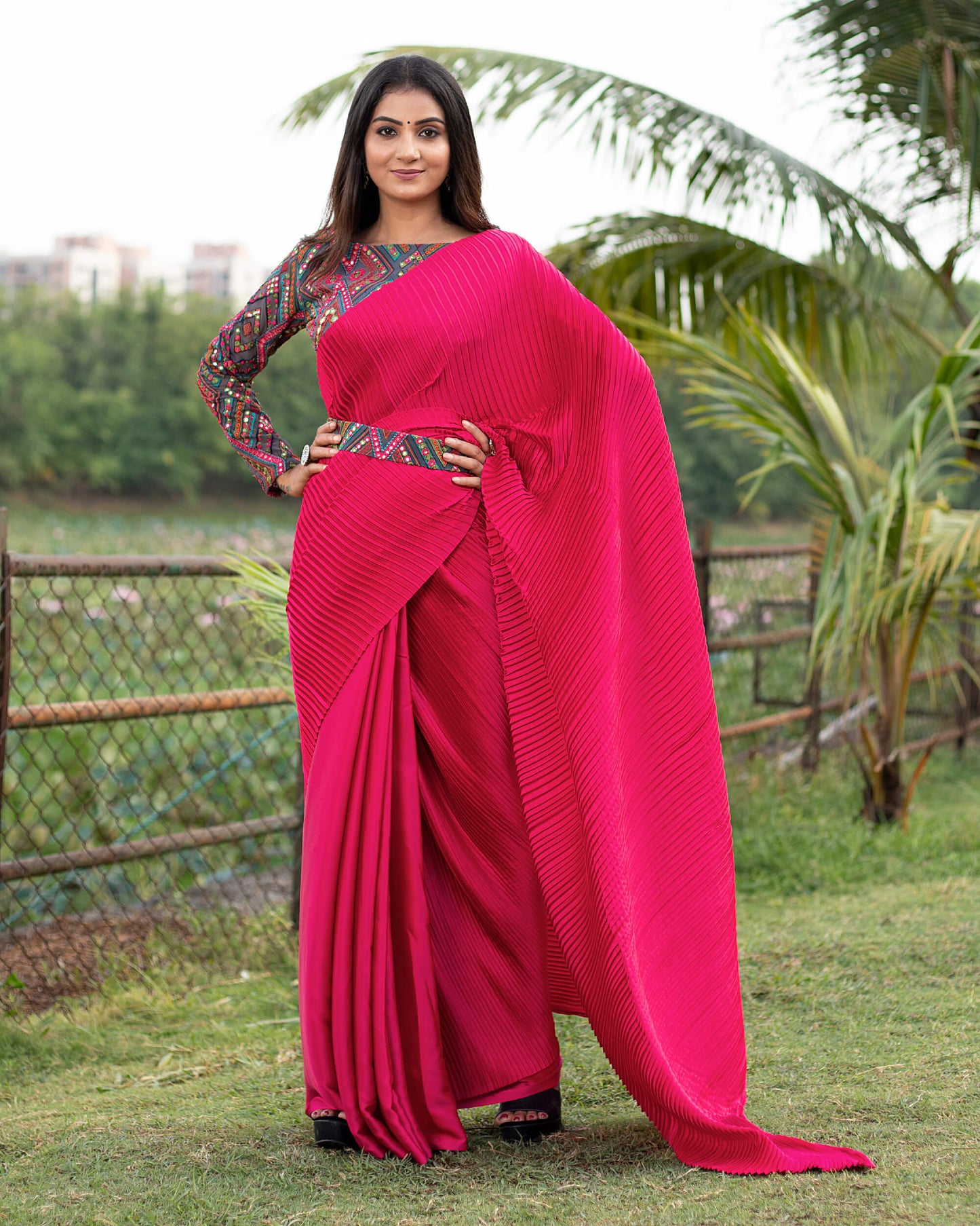 Cerise Pink Plain Half Pleated Japan Satin Saree