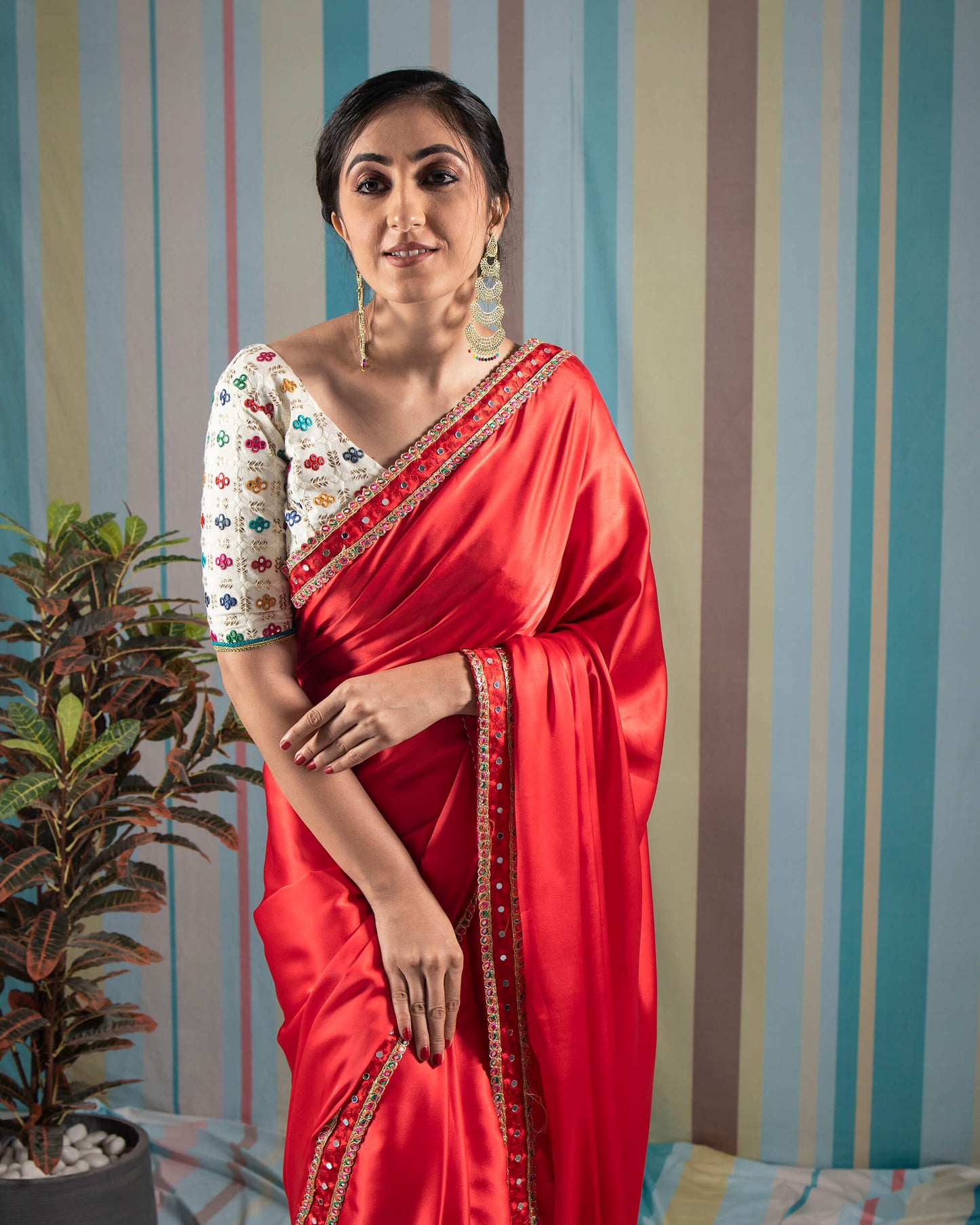 Chilli Red Plain Japan Satin Saree With Lace Border