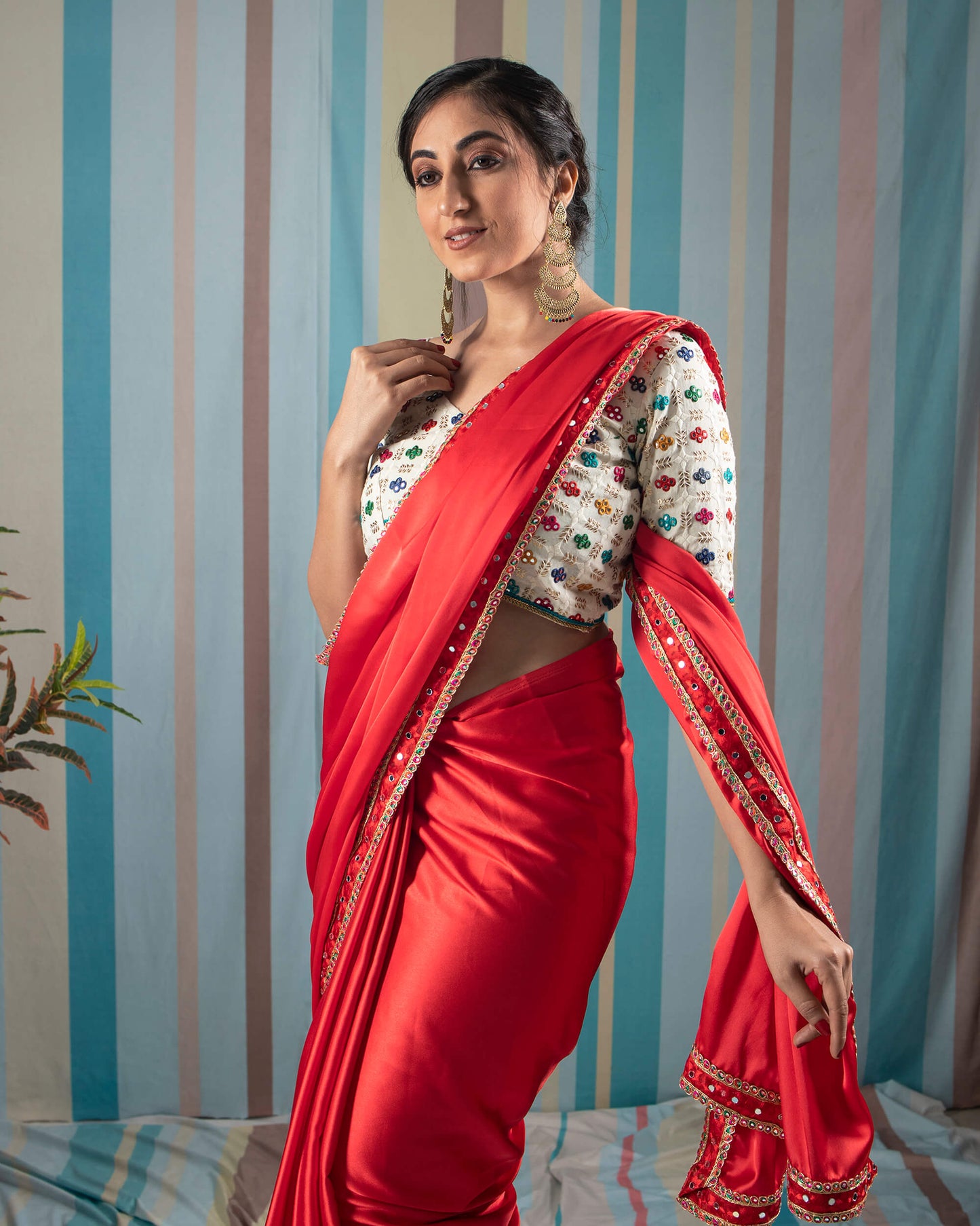 Chilli Red Plain Japan Satin Saree With Lace Border