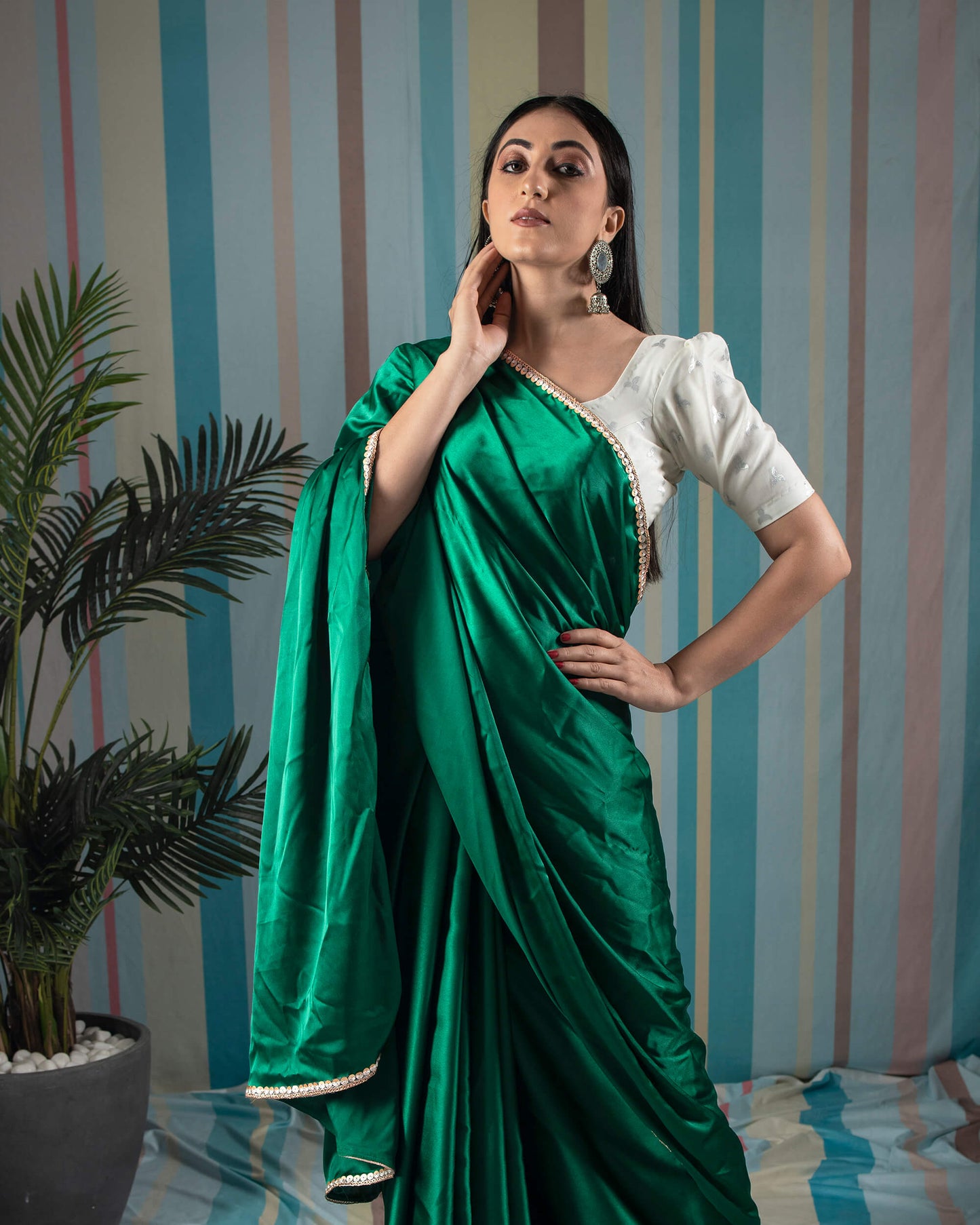 Sacramento Green Plain Japan Satin Saree With Lace Border
