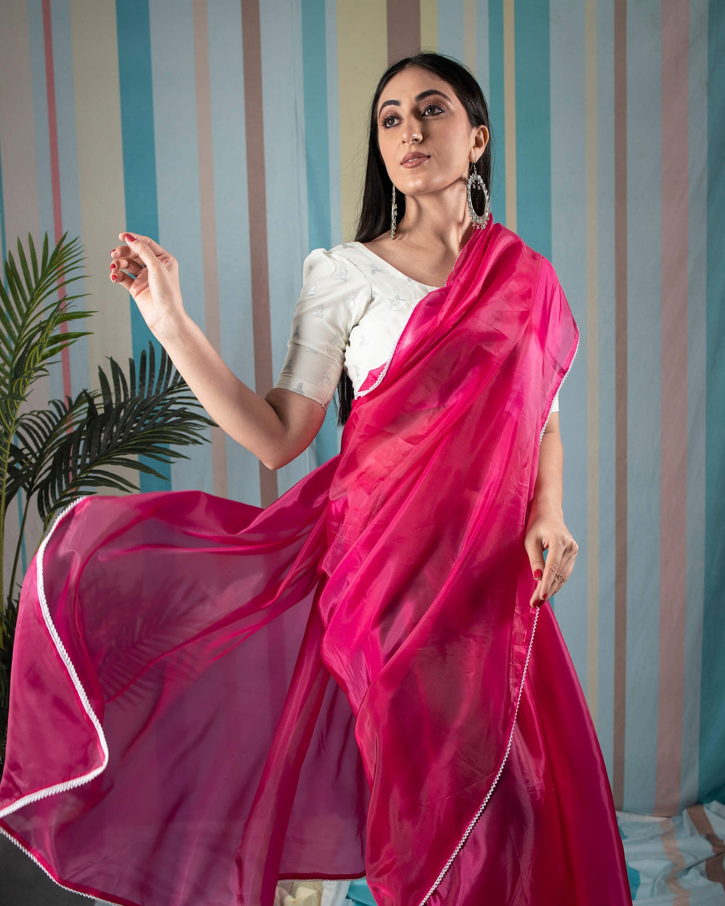 Jam Pink Plain Liquid Organza Saree With Pearl Work Lace Border