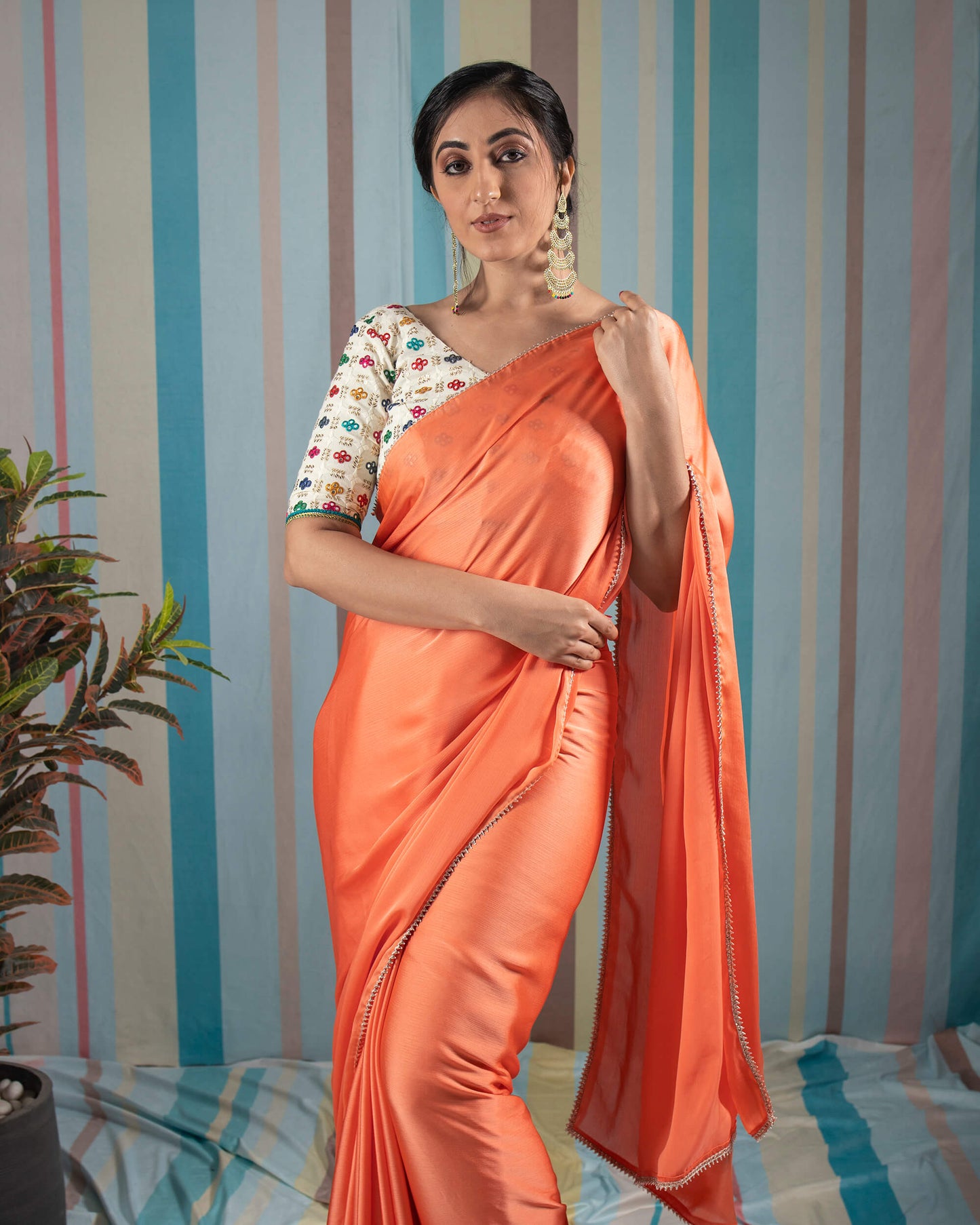 Salmon Orange Plain Chiffon Satin Saree With Lace Border