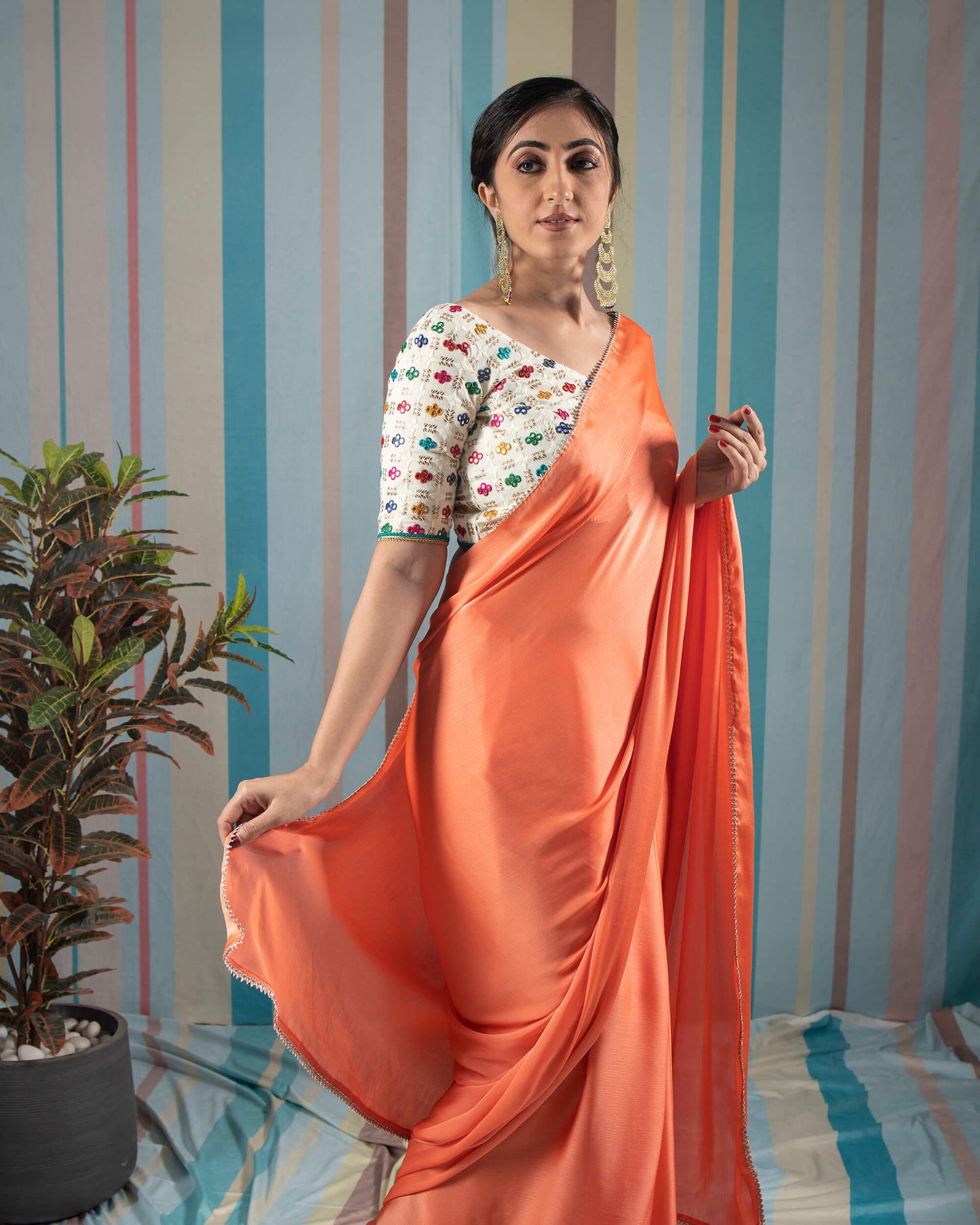 Salmon Orange Plain Chiffon Satin Saree With Lace Border