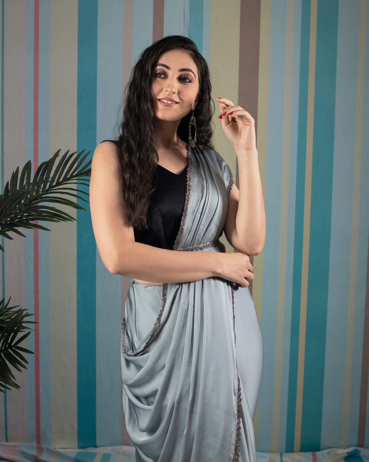 Lava Grey Plain Chiffon Satin Saree With Tubular Beads Lace Border