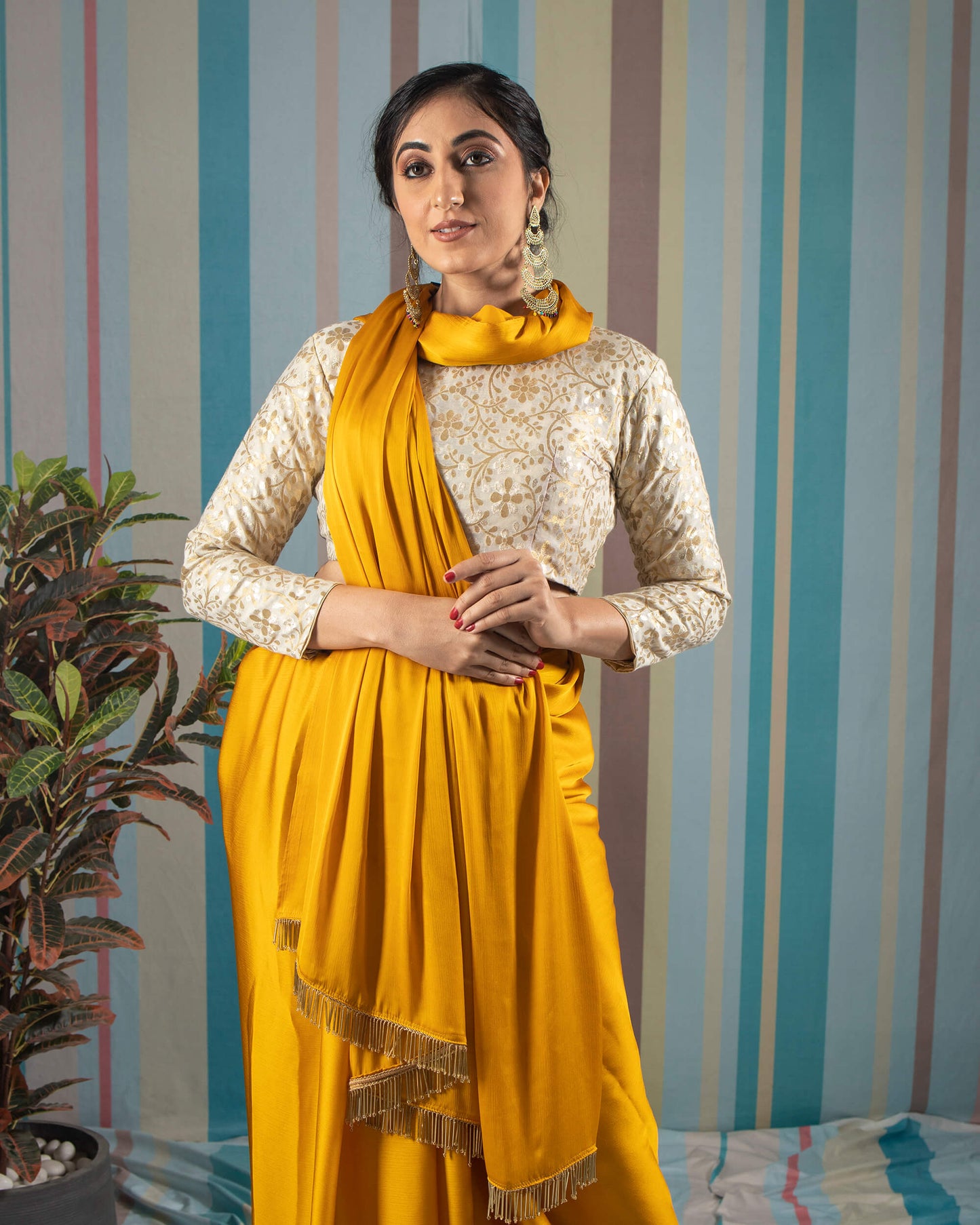 Mustard Yellow Plain Chiffon Satin Saree With Tubular Beads Lace Border