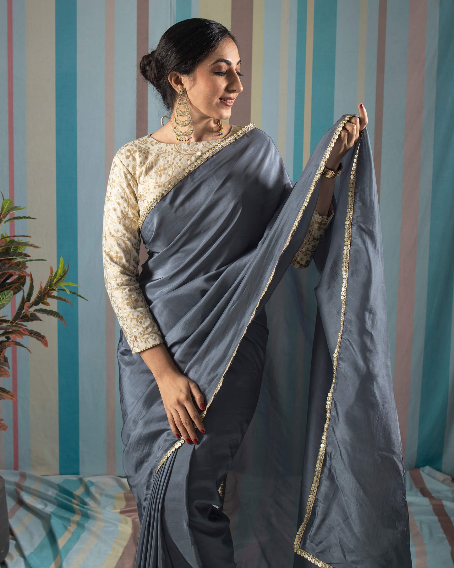 Slate Grey Plain Viscose Uppada Silk Saree With Sequins Lace Border