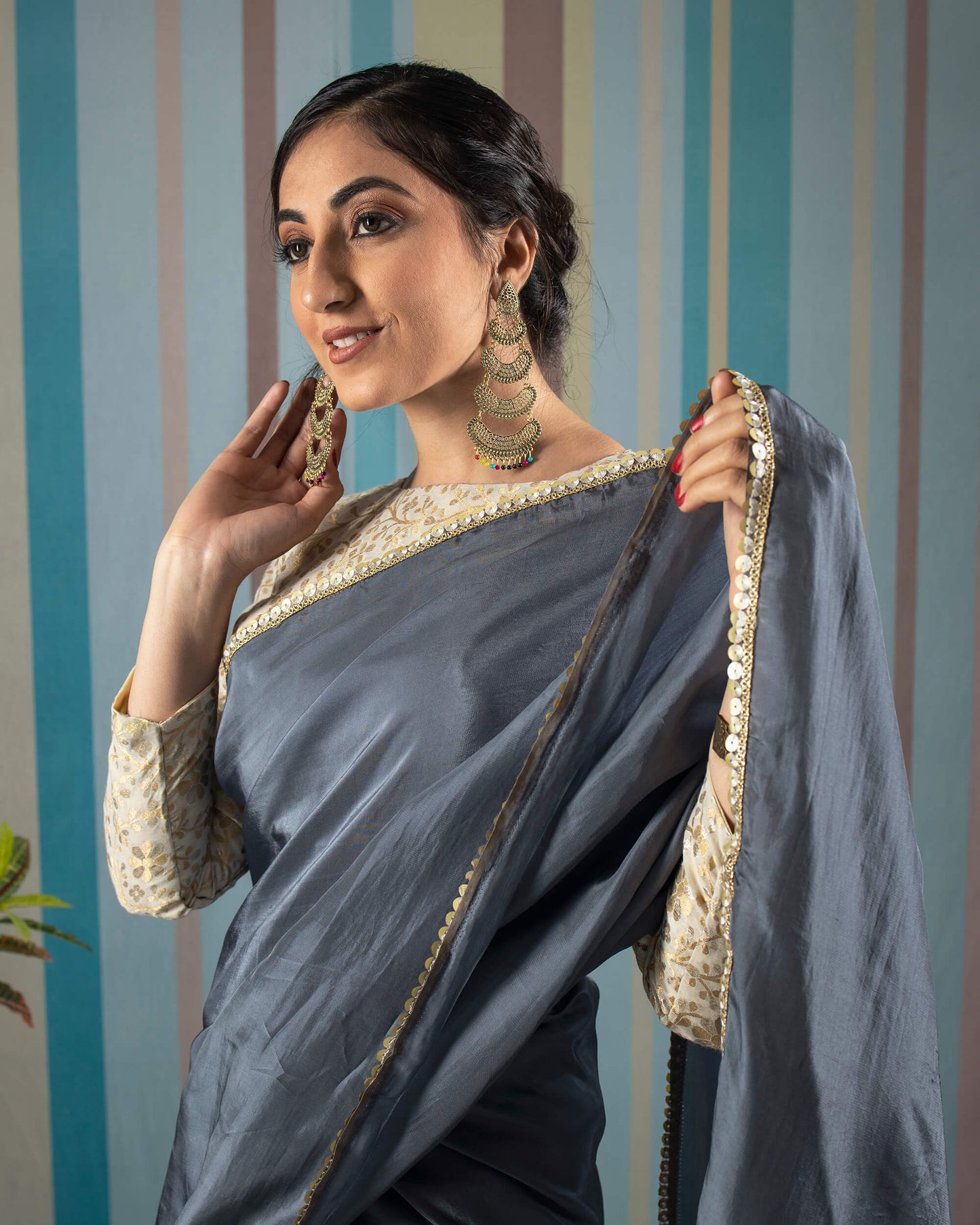 Slate Grey Plain Viscose Uppada Silk Saree With Sequins Lace Border