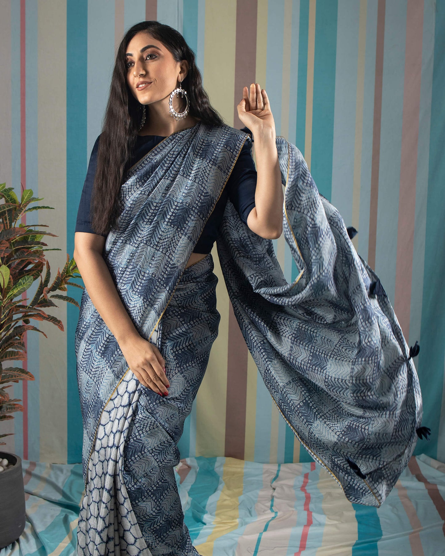 Blue Shiiborii Pattern Digital Print Viscose Uppada Silk Saree With Tassels