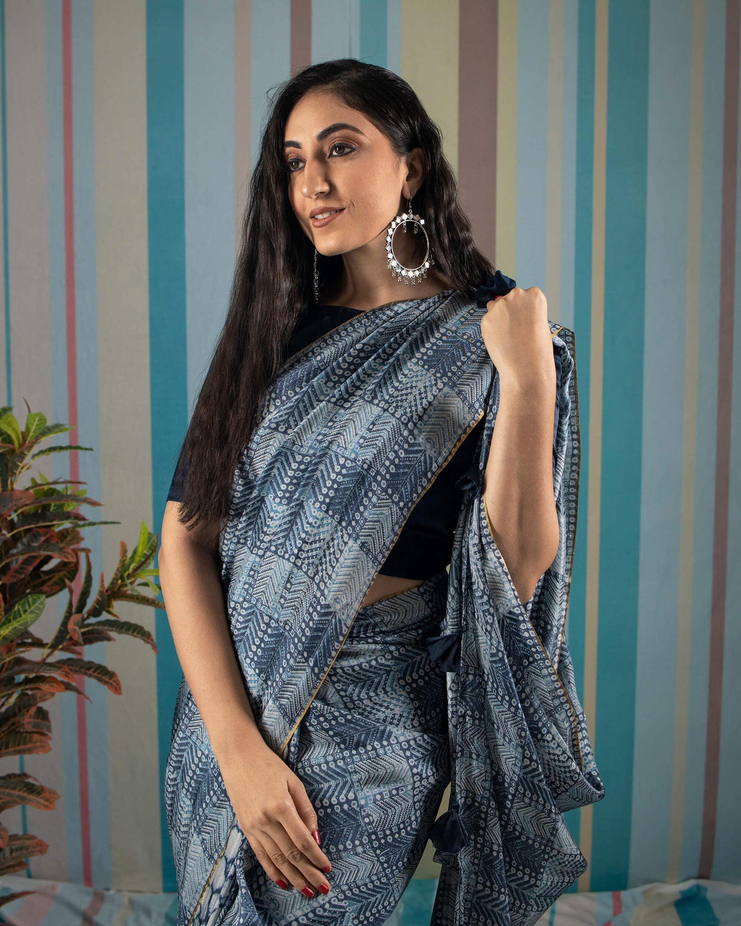 Blue Shiiborii Pattern Digital Print Viscose Uppada Silk Saree With Tassels