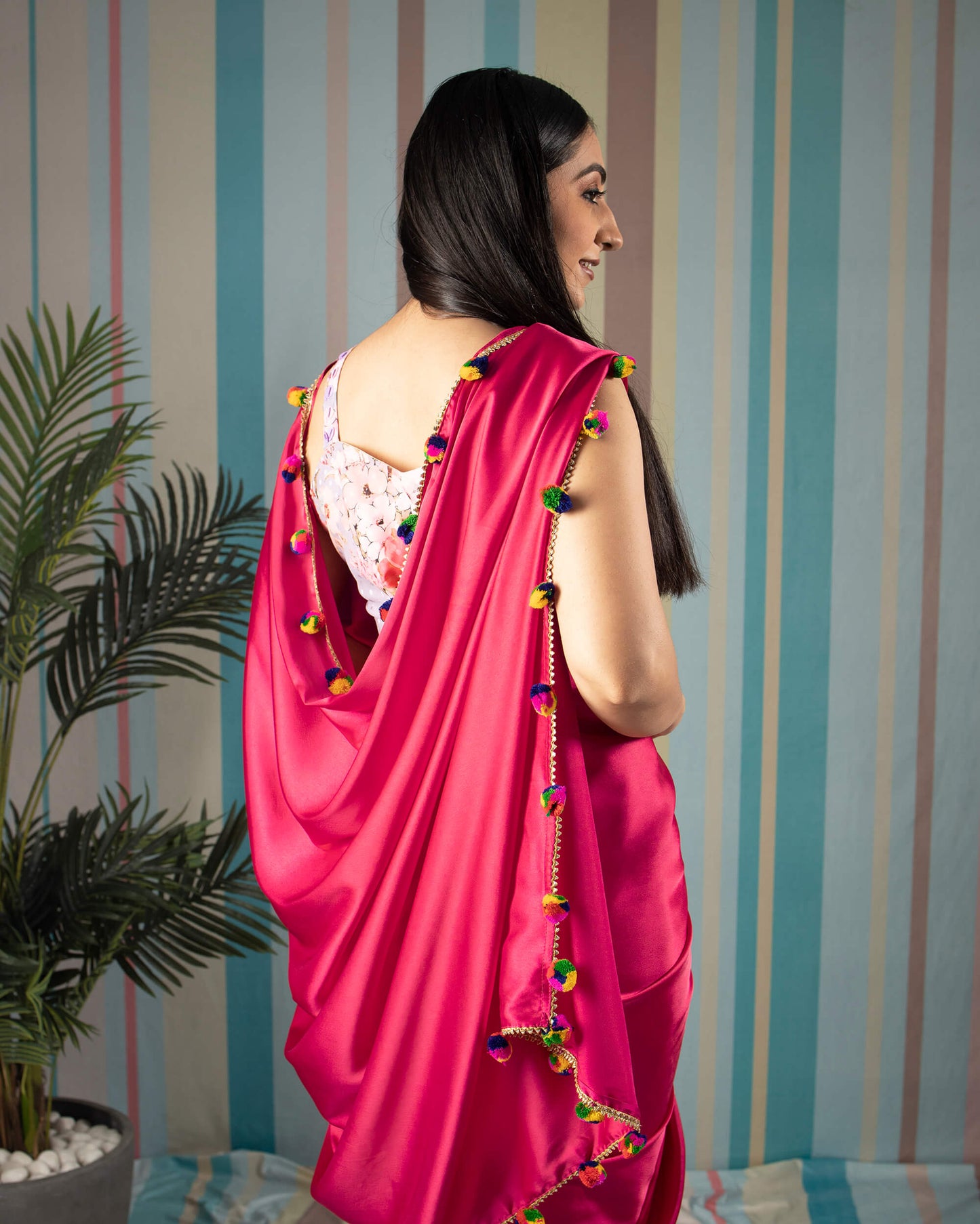 Cerise Pink Plain Japan Satin Saree With Pompom Lace Border