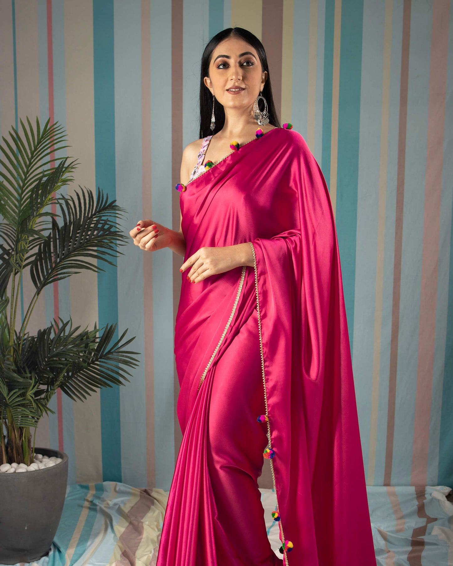 Cerise Pink Plain Japan Satin Saree With Pompom Lace Border