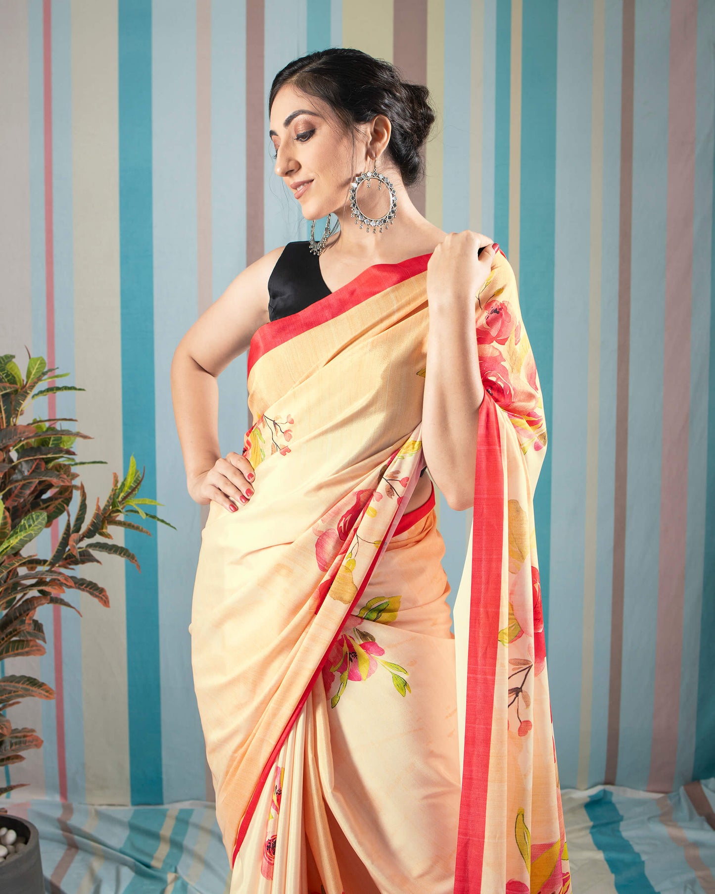Mellow Yellow And Red Floral Pattern Digital Print Crepe Silk Saree With Tassels