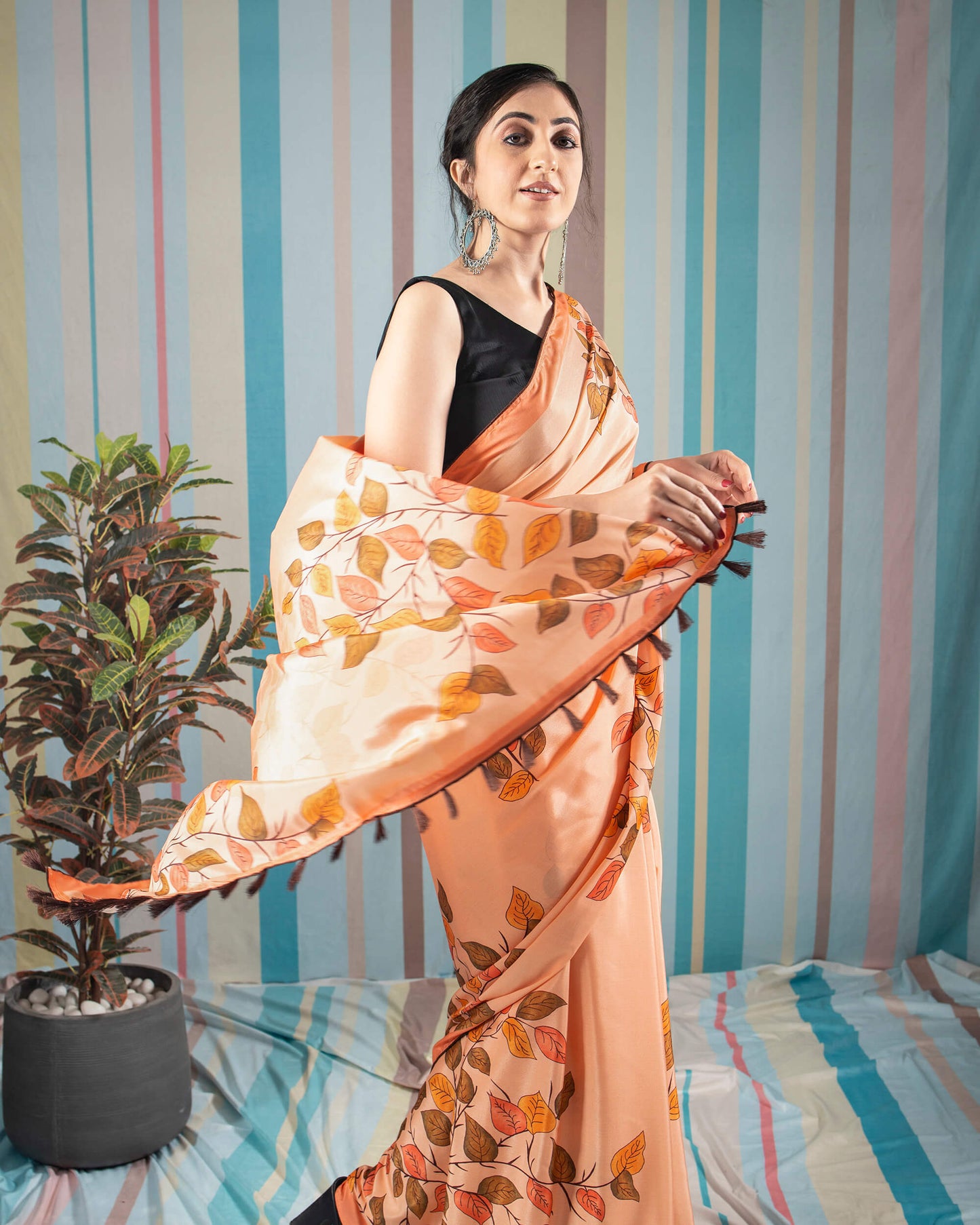 Salmon Peach And Army Green Leaf Pattern Digital Print Crepe Silk Saree With Tassels