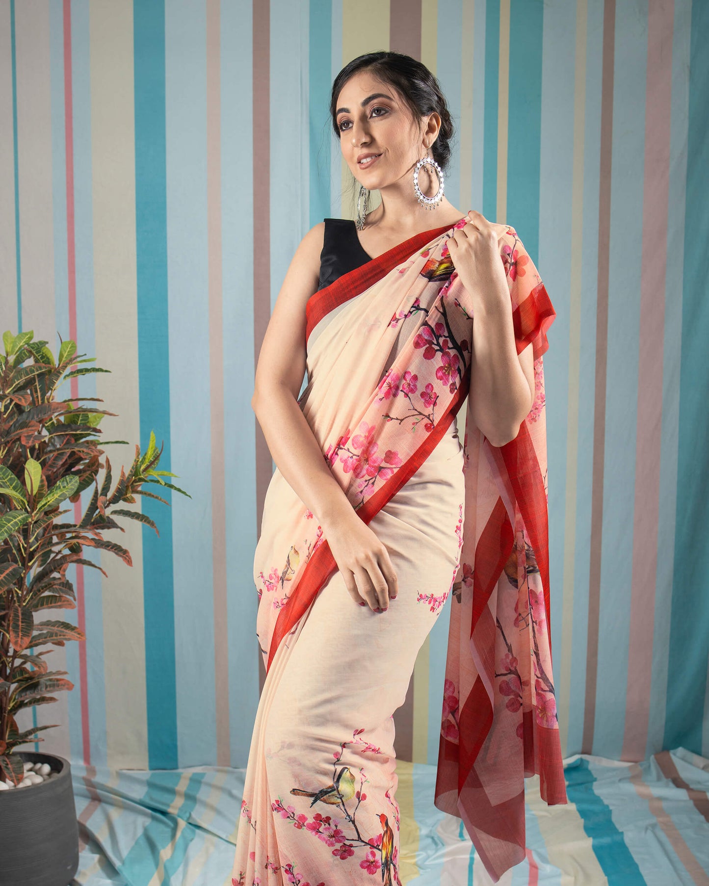 Soft Orange And Brick Red Floral Pattern Digital Print Poly Voile Saree