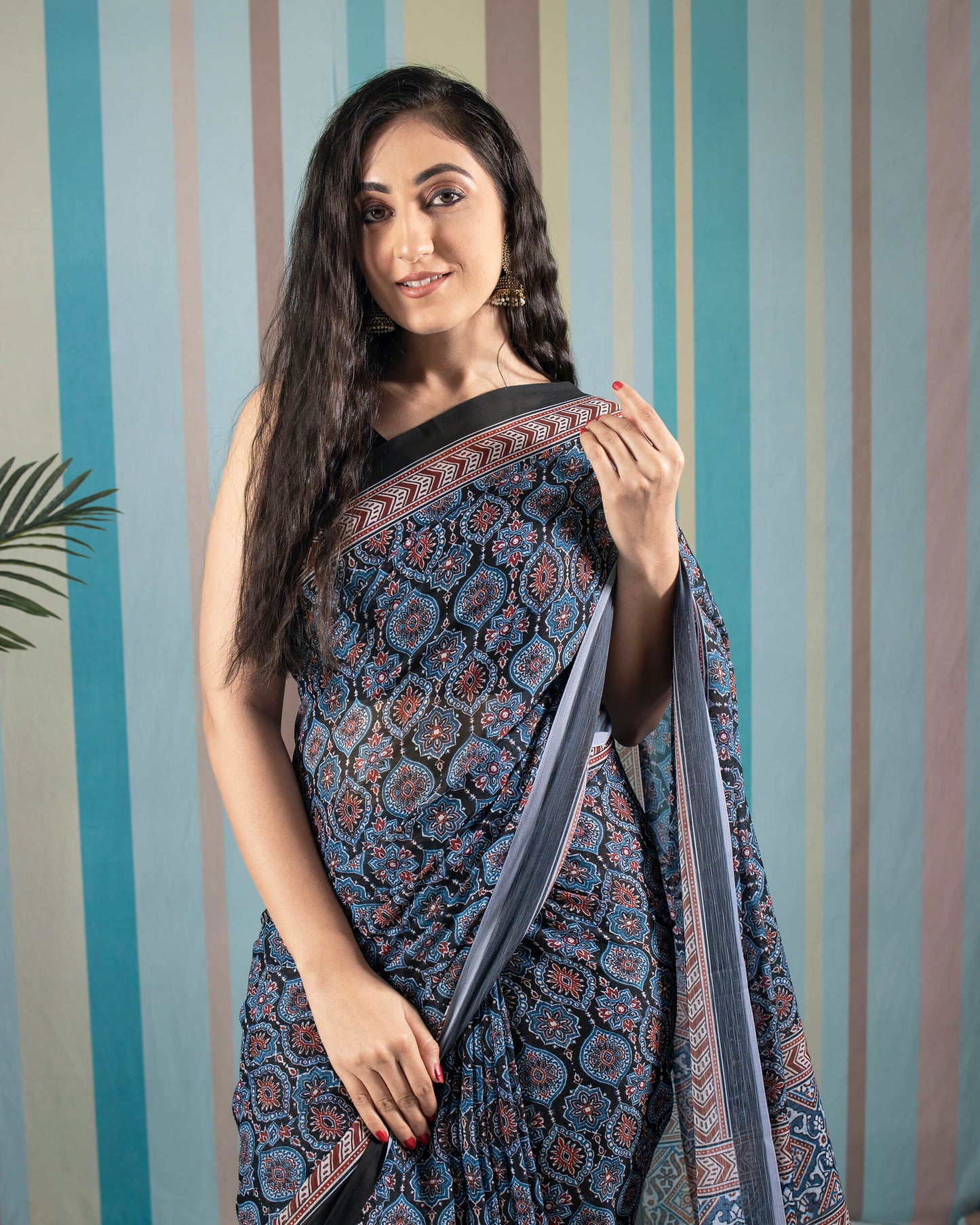 Yale Blue And Maroon Ajrakh Pattern Digital Print Poly Voile Saree With Satin Border