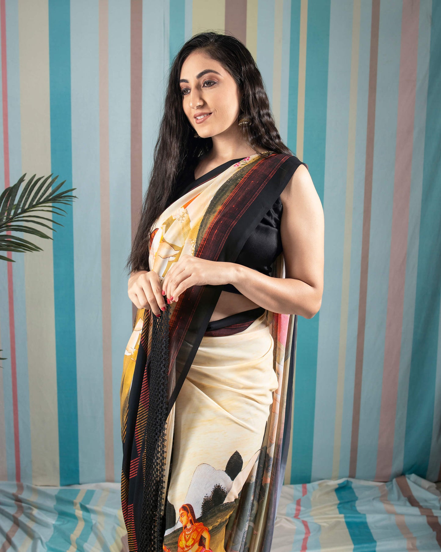 Oat Beige And Black Quirky Pattern Digital Print Georgette Saree With Cut Work Lace Border