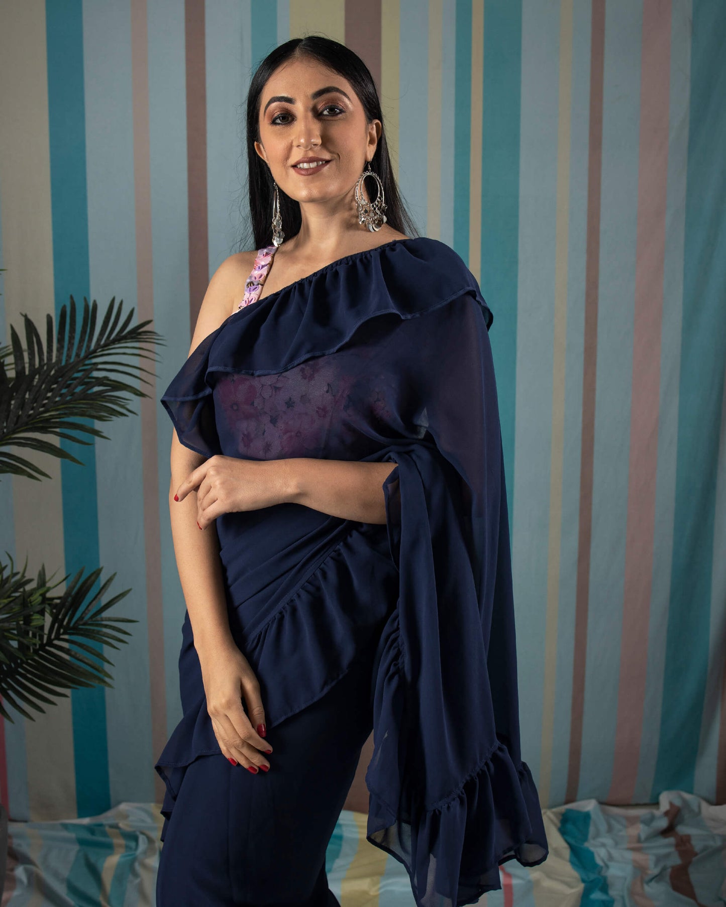 Navy Blue Plain Georgette Ruffle Saree