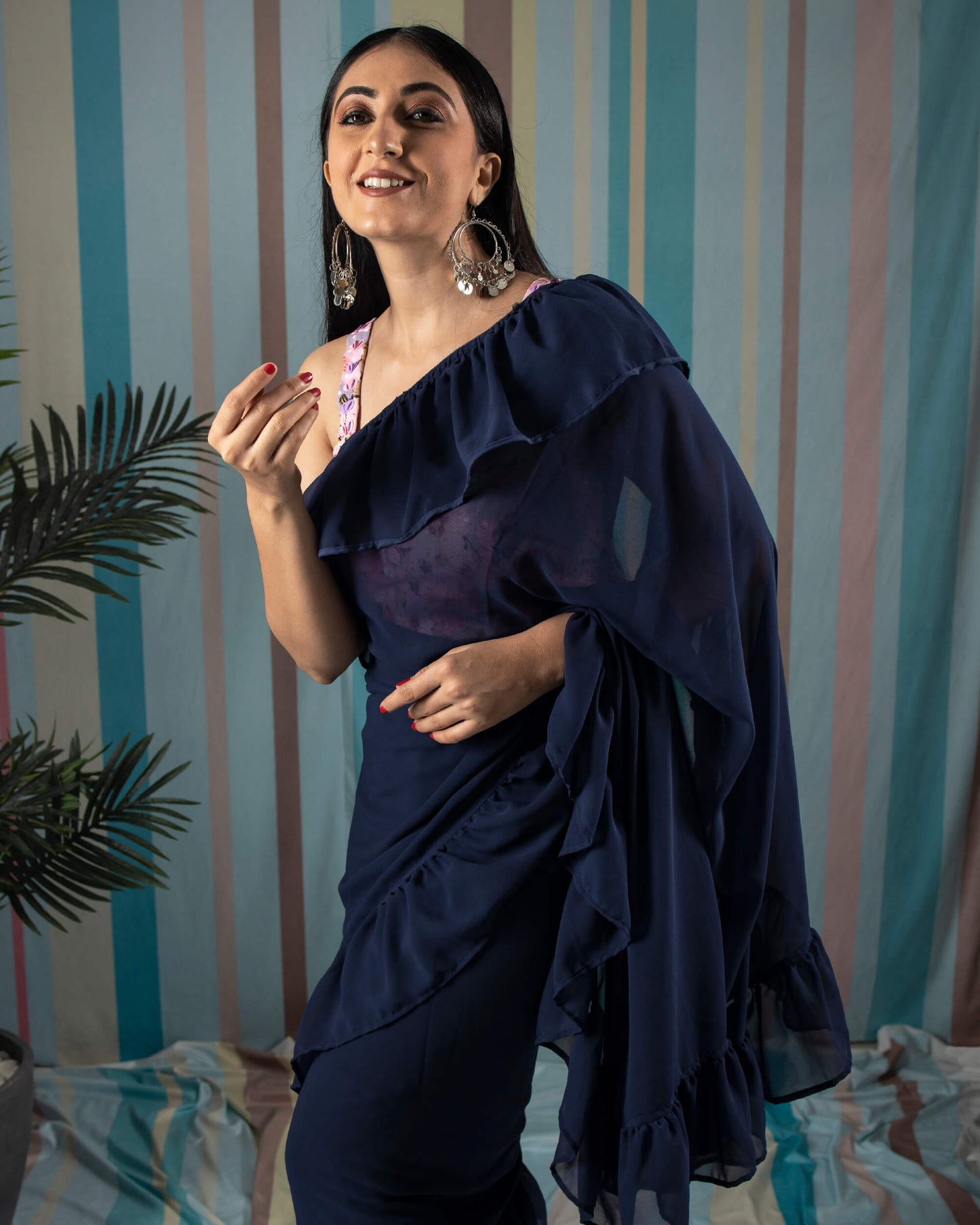 Navy Blue Plain Georgette Ruffle Saree