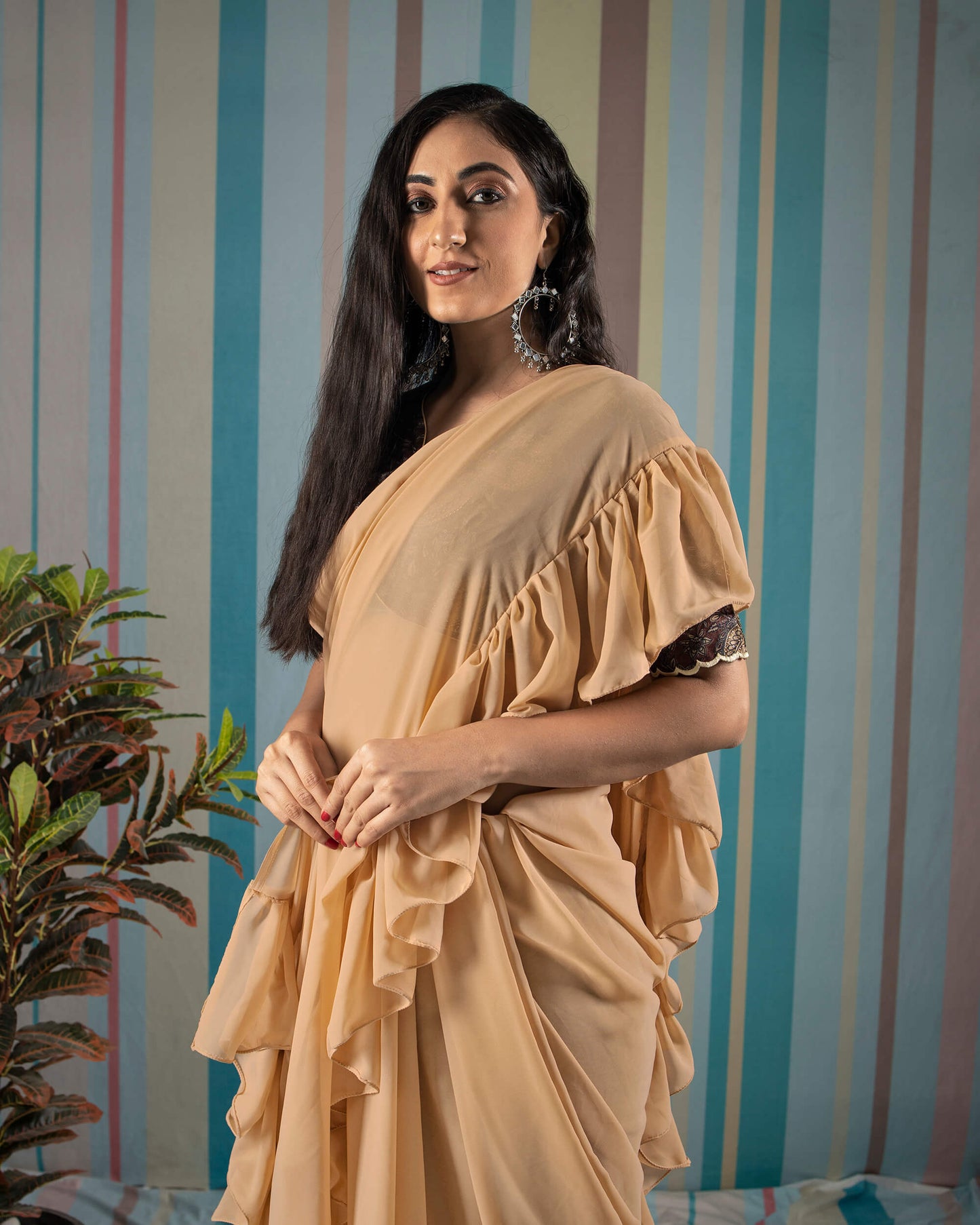 Beige Plain Georgette Ruffle Saree