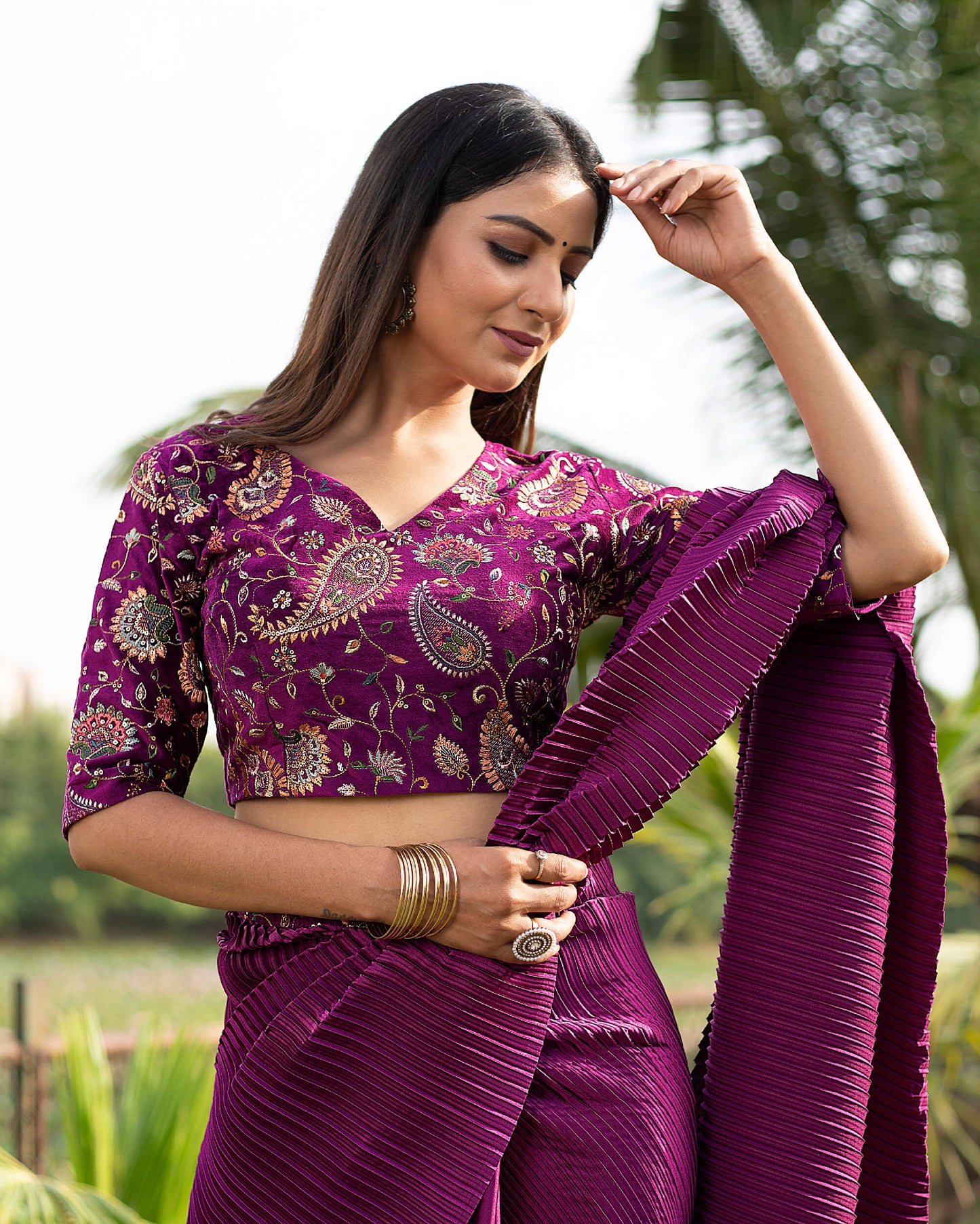 Wine Purple Plain Half Pleated Japan Satin Saree