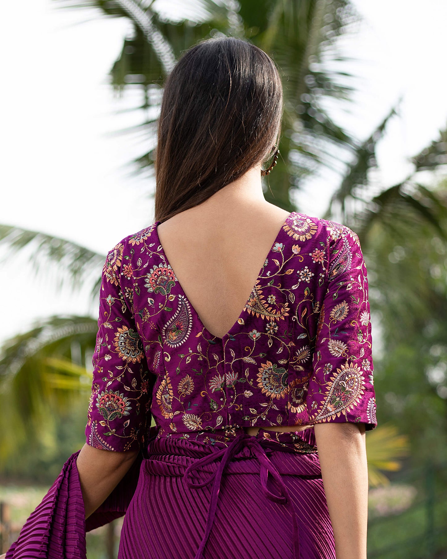 Wine Purple Plain Half Pleated Japan Satin Saree