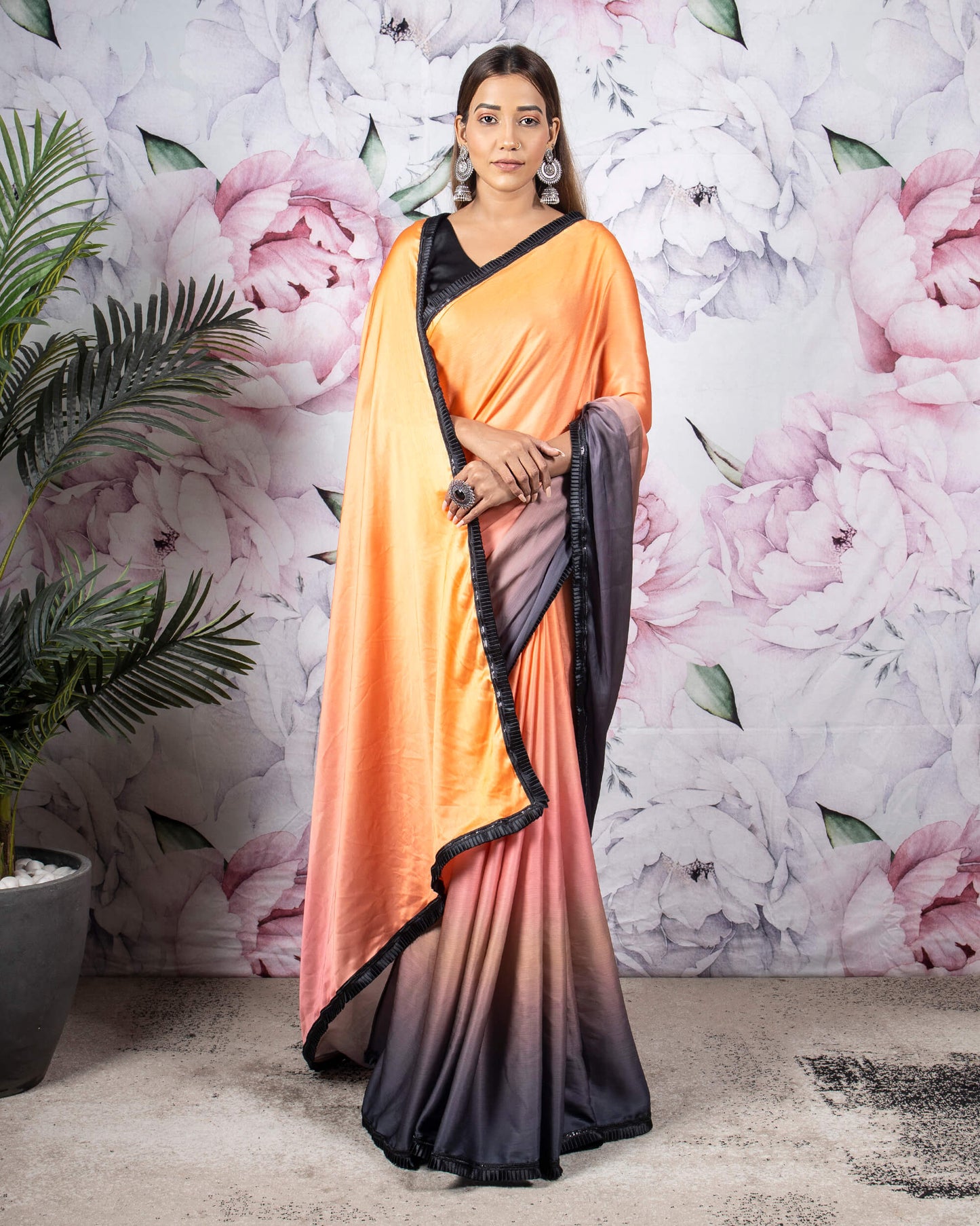 Orange And Black Ombre Pattern Digital Print Chiffon Satin Saree With Satin Lace Border