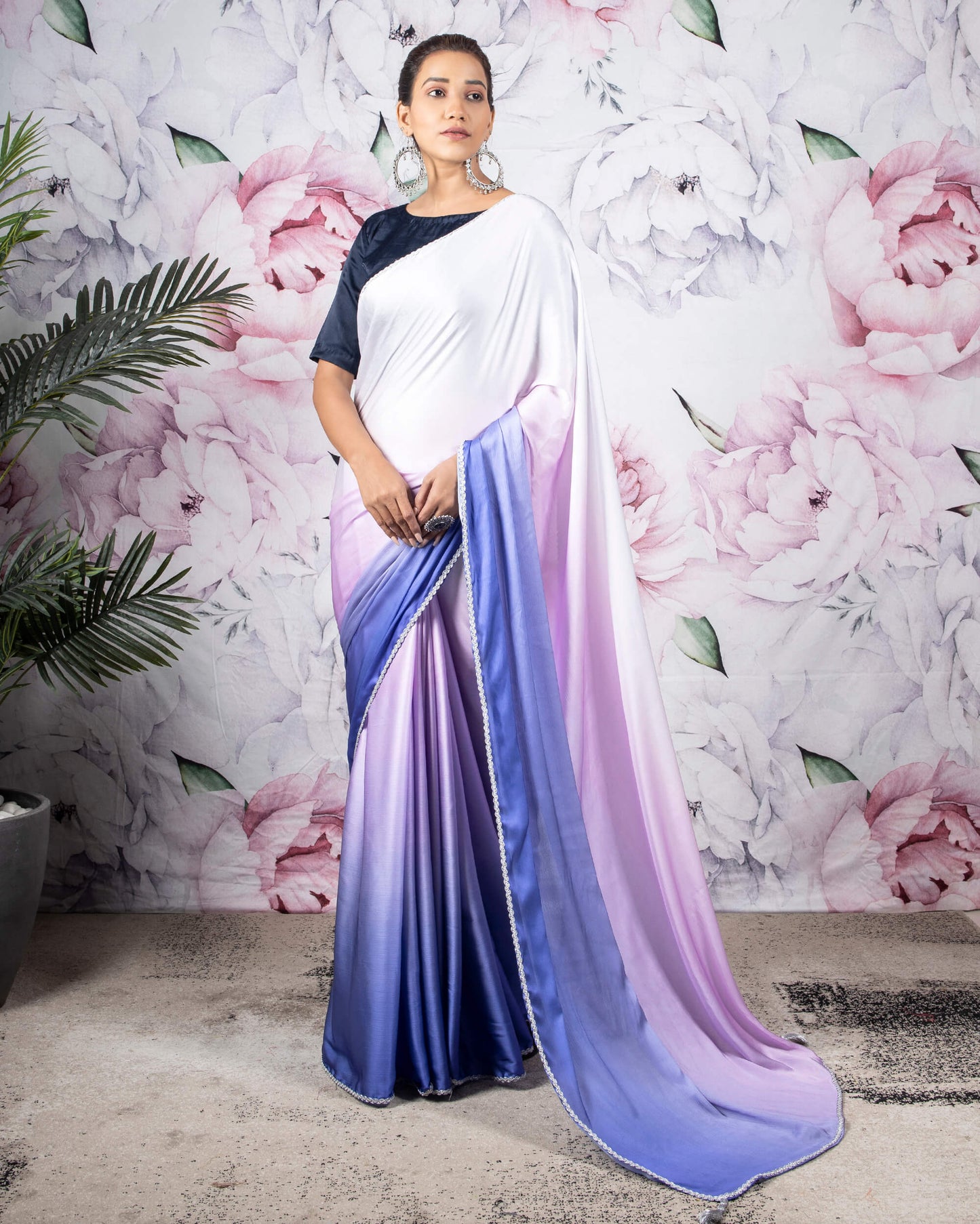 Purple And White Ombre Pattern Digital Print Chiffon Satin Saree With Siver Zari Lace Border