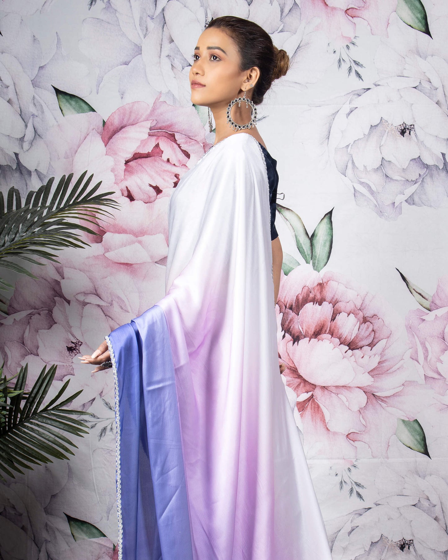Purple And White Ombre Pattern Digital Print Chiffon Satin Saree With Siver Zari Lace Border