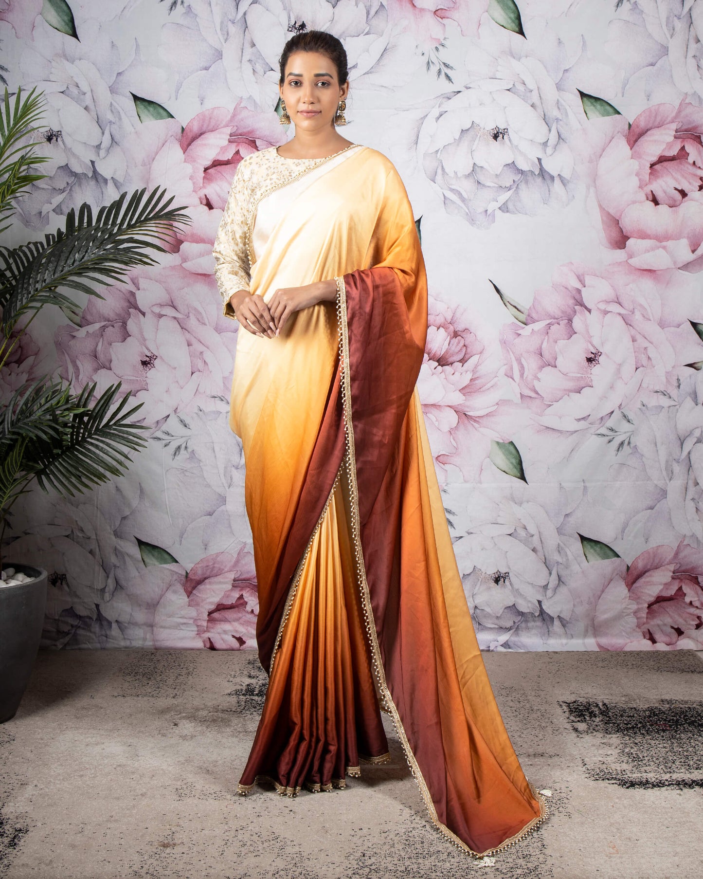 Brown And Cream Ombre Pattern Digital Print Chiffon Satin Saree With Tubular Beads Pearl Work Lace Border