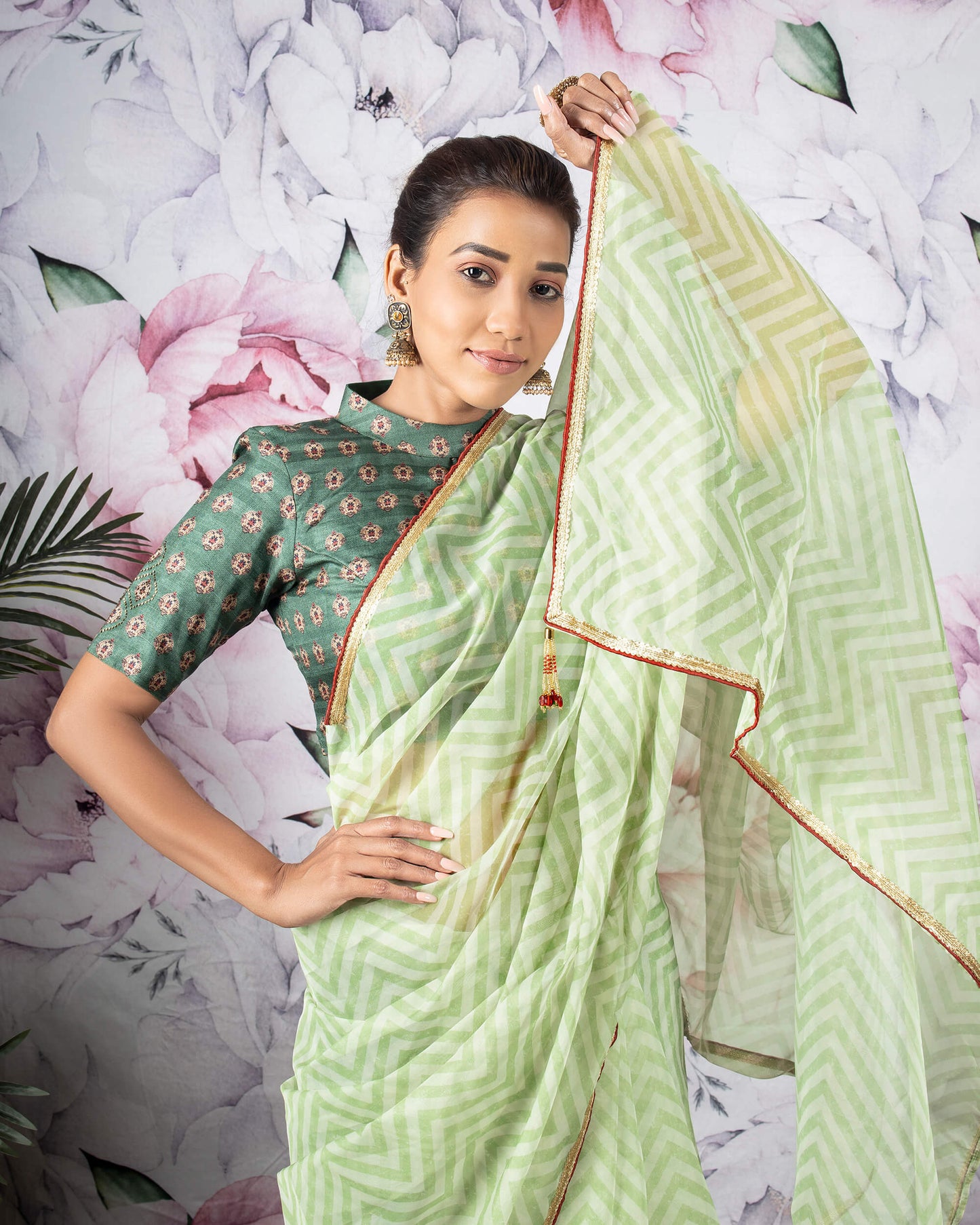 Sage Green And White Chevron Pattern Organza Saree With Sequins Lace Border